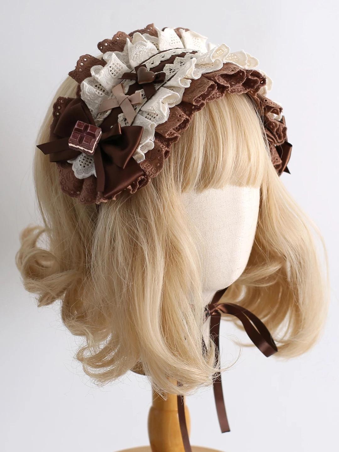 Coffee Brown Kawaii Lolita Hairband Accessory Set, Lace & Bear Ears 46088:874536