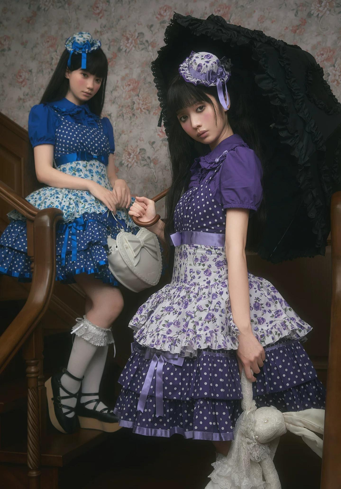 Libobo - Cotton Old School Lolita JSK Dress, Polka Dot & Floral Print 45878:866128