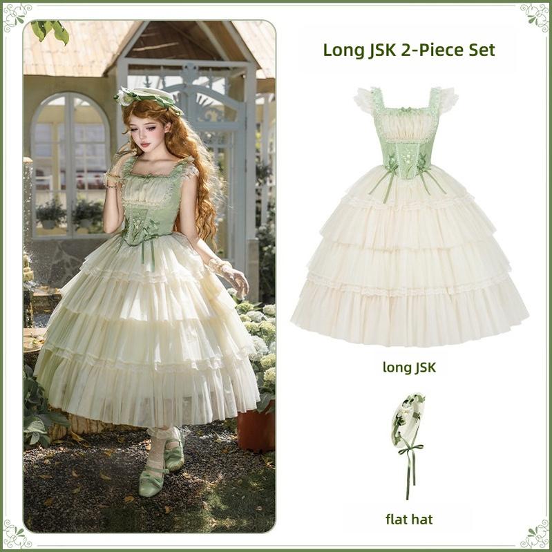 Lily of the Valley Whisper - Embroidered Classic Lolita Corset JSK Dress Long JSK 2-Piece Set (long JSK + flat hat) S