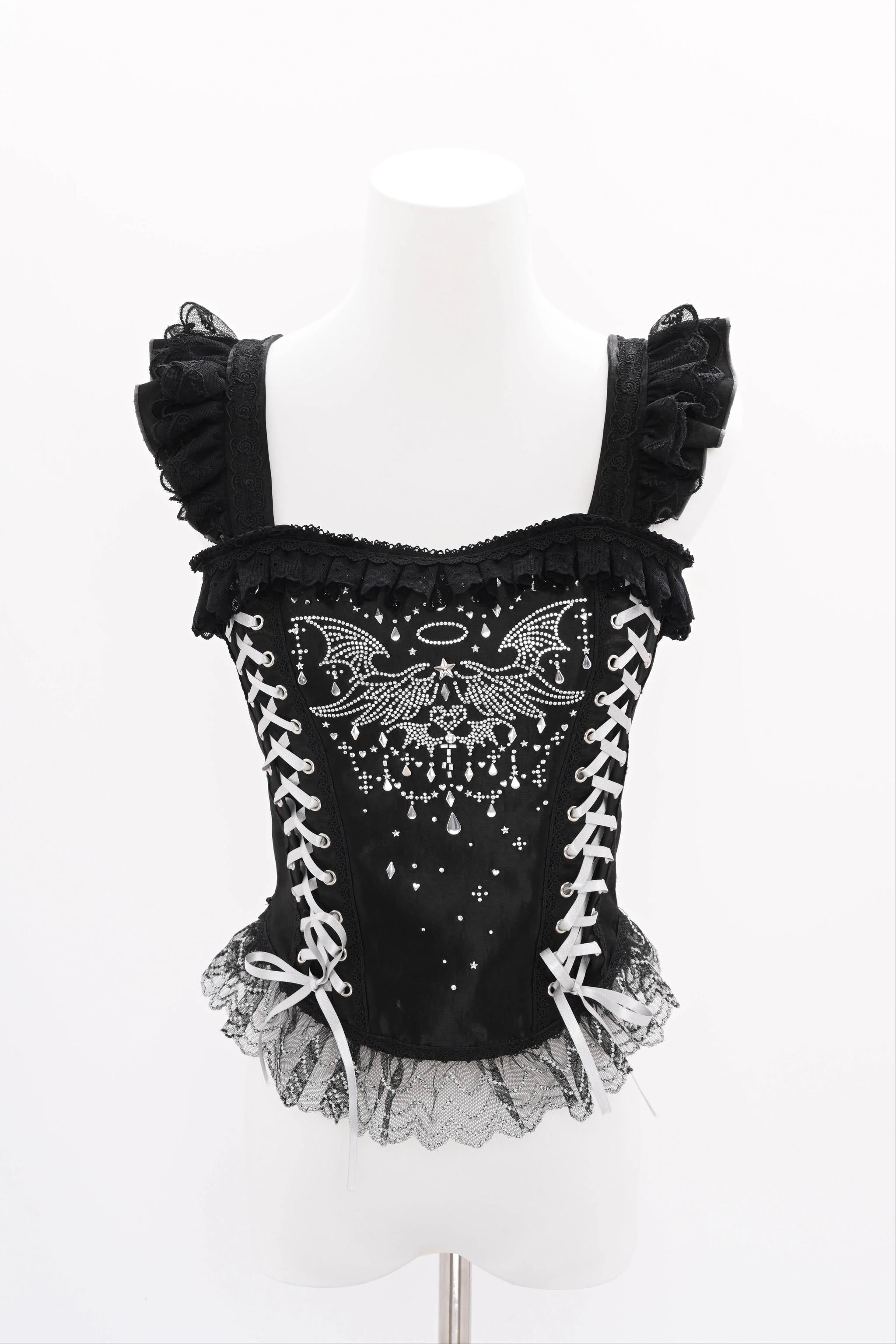 LustrE - Metallic Angel Black - Gothic Lolita Rhinestone Top & Ruffled Skirt Set (Top / L M S XL) 43991:791060