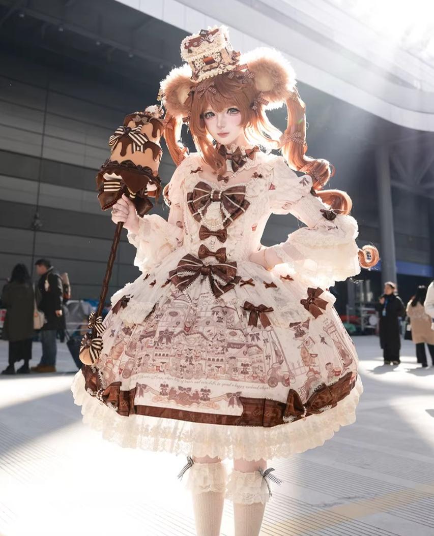 Little Bear Workshop - Primted Sweet Lolita Dress, Long Sleeved Blouse 44573:813784