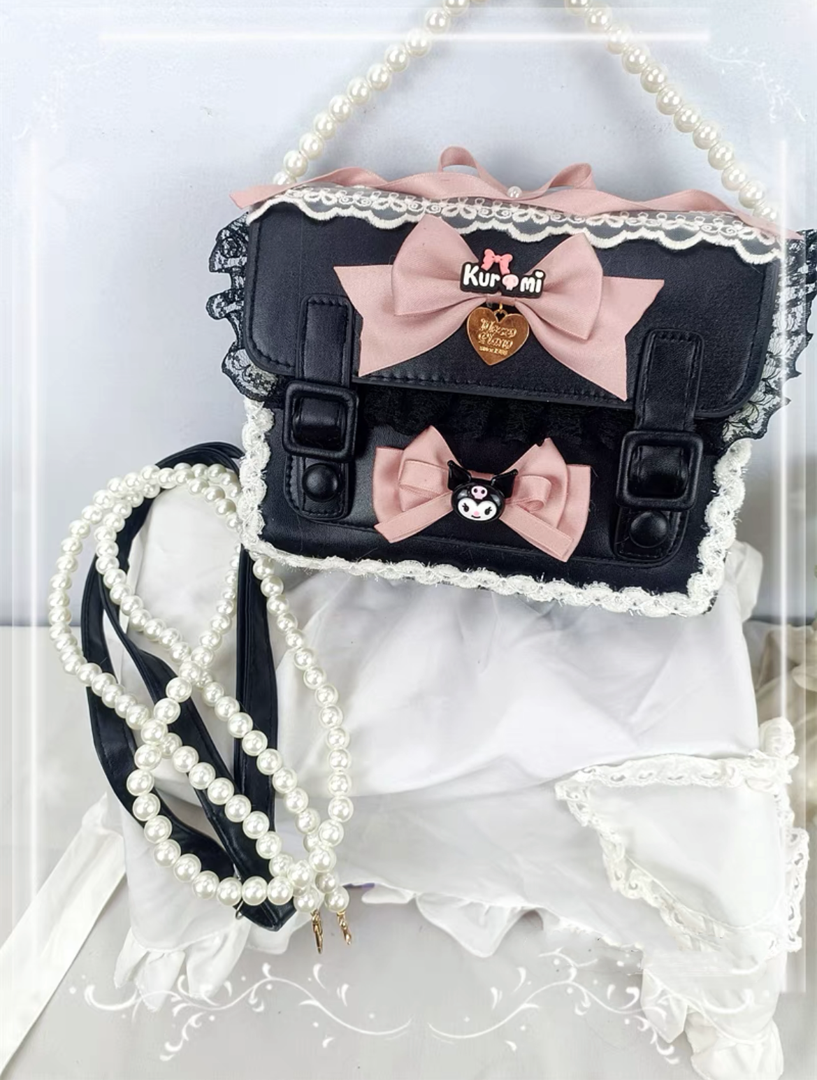 Cocoa Jam - Sweet Cute Lolita Cambridge Bag Lolita Satchel Shoulder Bag Black pink + pearl short chain + pearl long chain