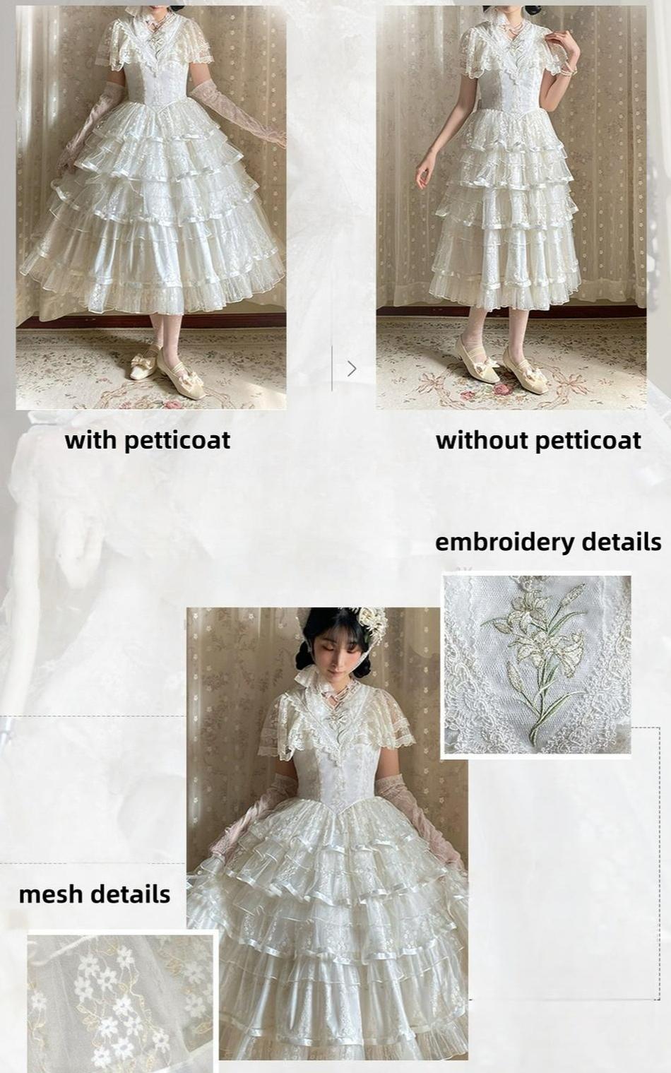 Morning Dew Lily - White Classic Lolita OP Dress, Tiered Skirt