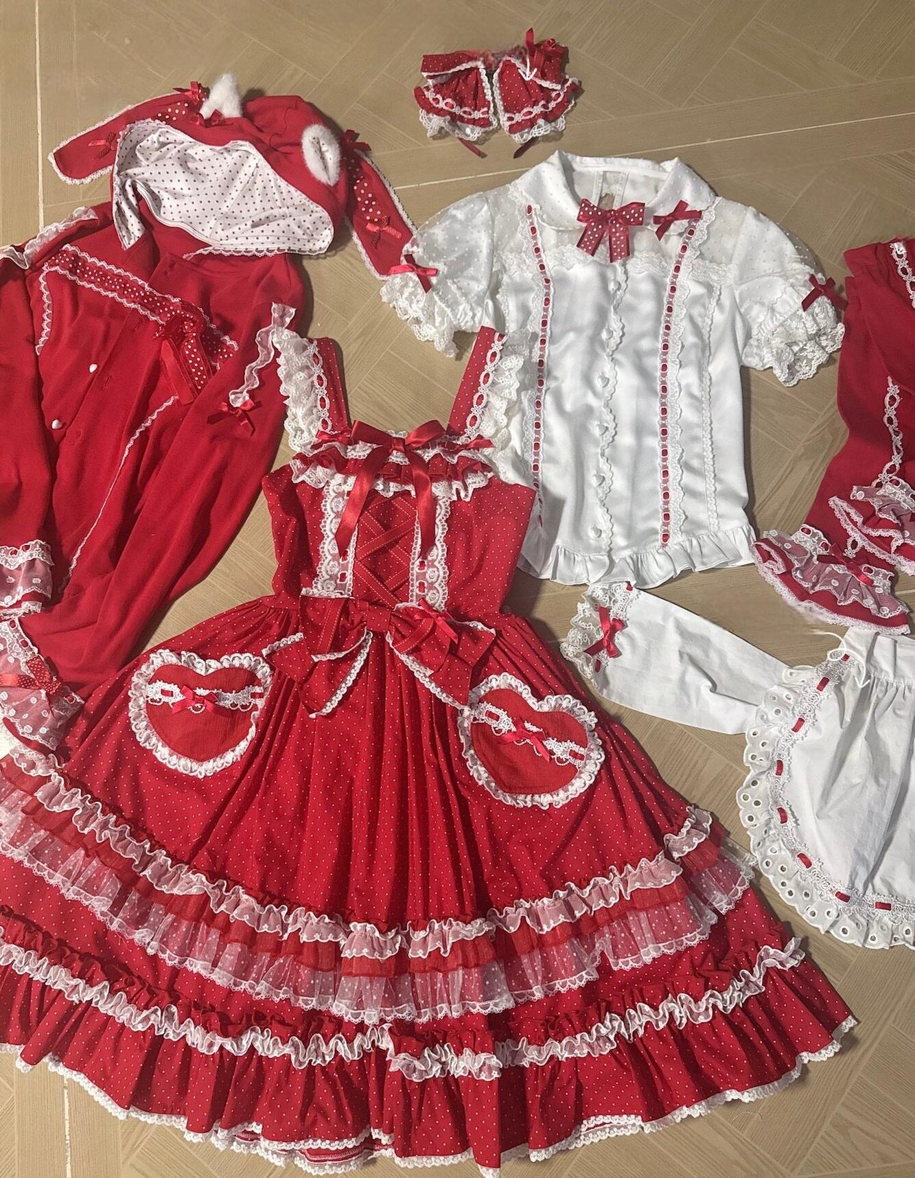 Little Dessert Chef - Old School Lolita JSK Dress, Cream-Like Ruffle Red Polka Dot JSK + Waist Bow S