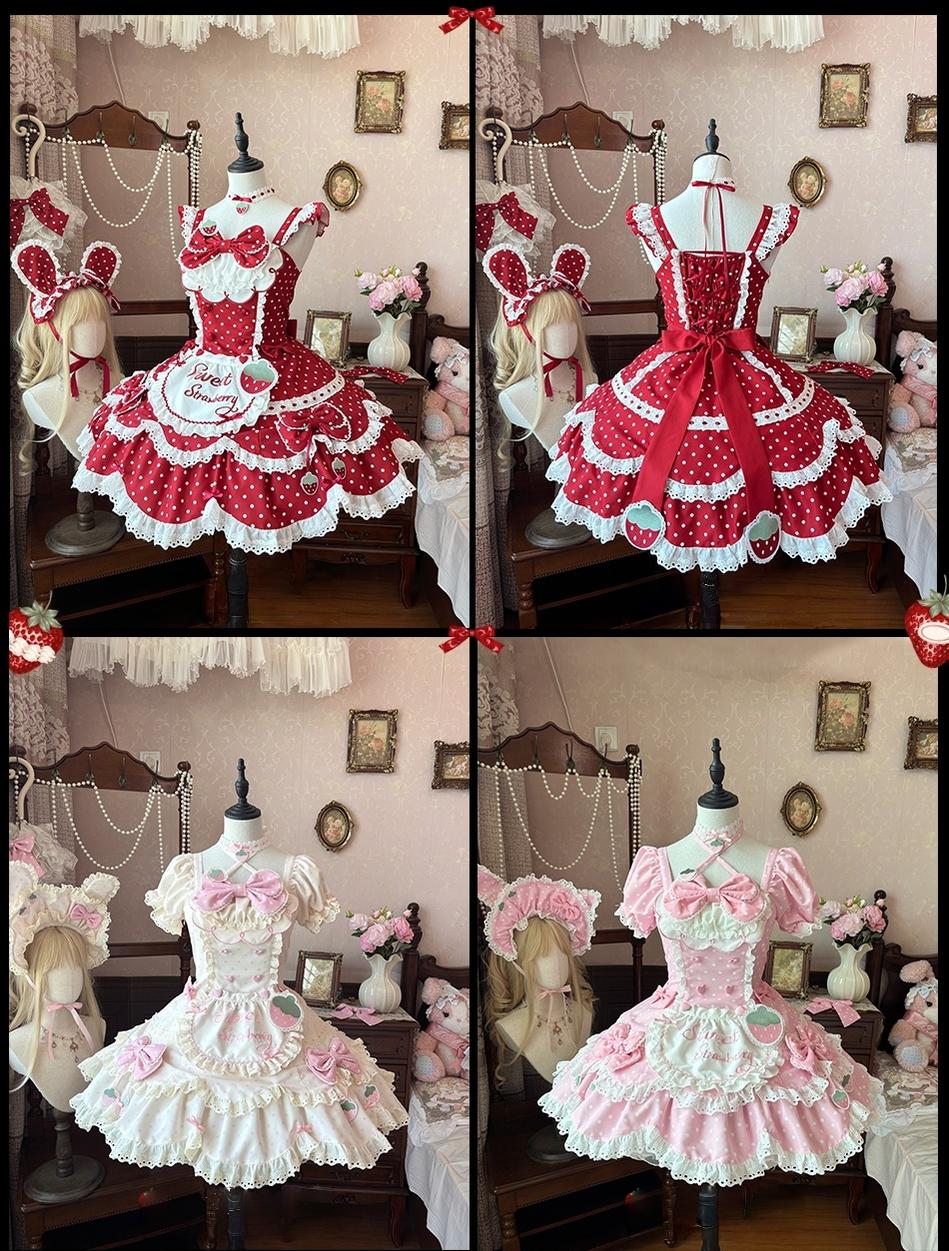 Salty Cream - Strawberry Polka Dot - Sweet Lolita OP Dress, Detachable Apron