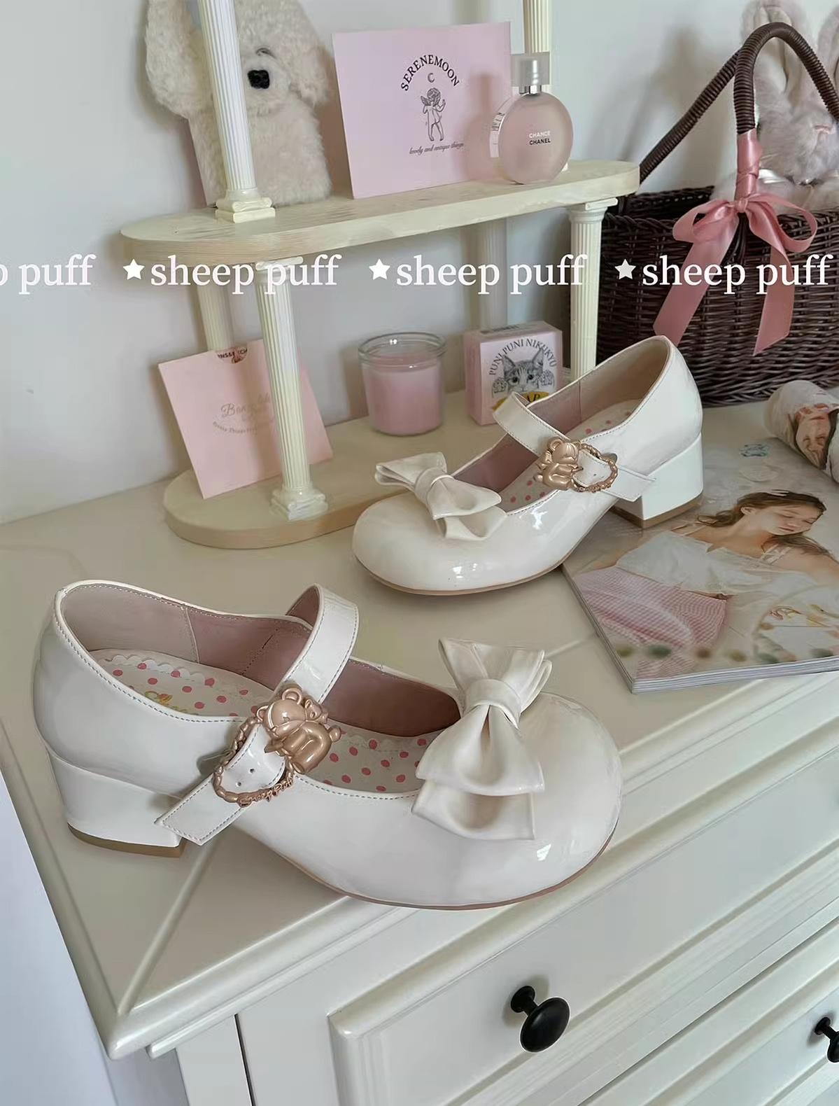 Sheep Puff - Hug Bear - Sweet Lolita Heel Shoes Bear Metal Buckle Bow Shoes 35 Patent Leather White - Mid Heel
