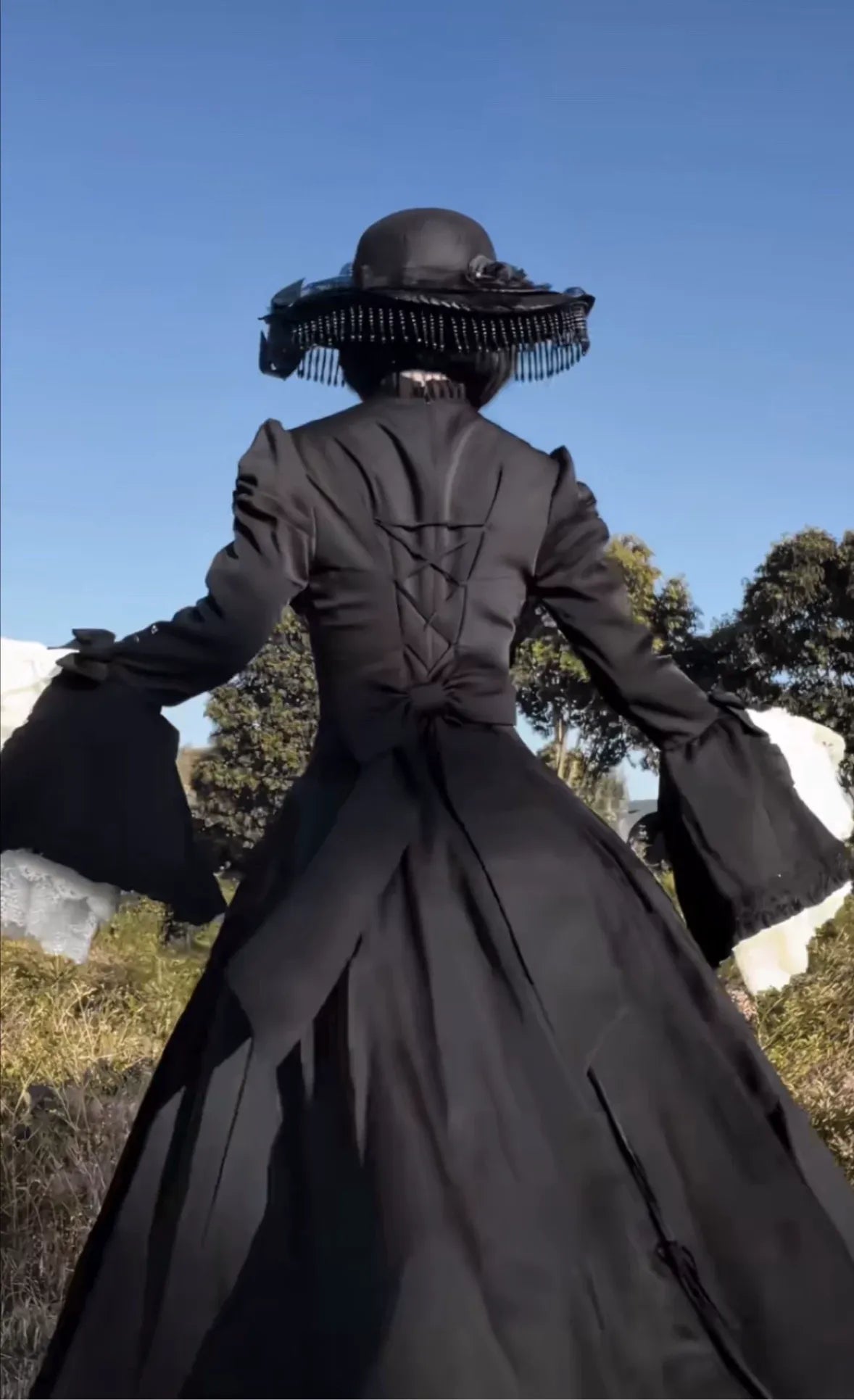 Silver Mist - Halloween Black Gothic Lolita OP Dress, Lace Hime Sleeves