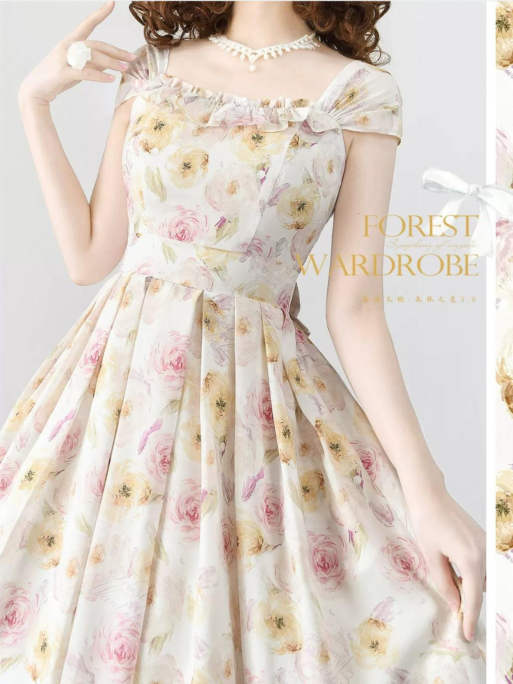 Forest Wardrobe - Forest Basket 3.0 - Vintage Lolita JSK Dress Summer Thin Dress S yellow peach rose