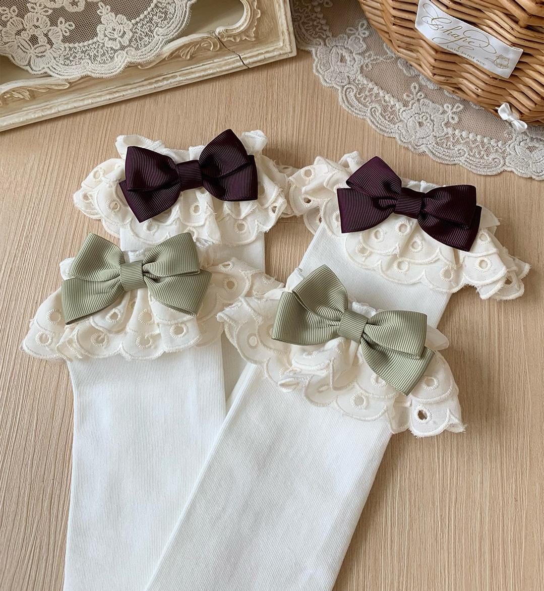 Cotton Classic Lolita Calf Socks, Double Layer Trim & Bow 45730:859938