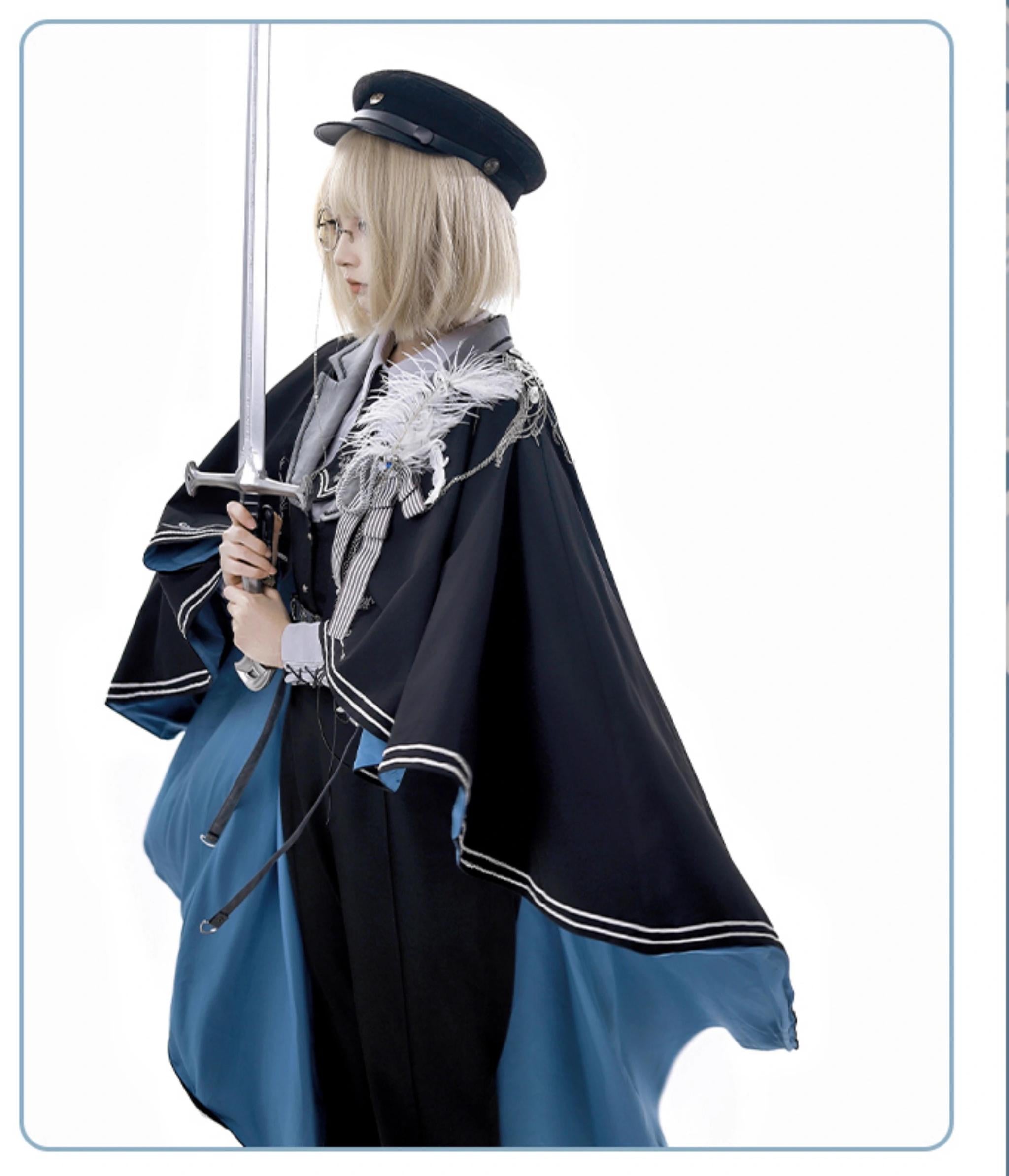 Dark Night Contract - Blue Military Lolita Pants Long Cape Couple Suit