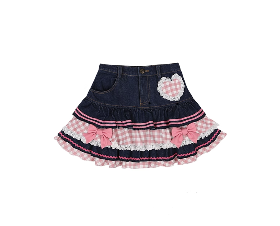 Cute Blue Half Skirt with Butterfly Bow and Plaid S navy blue