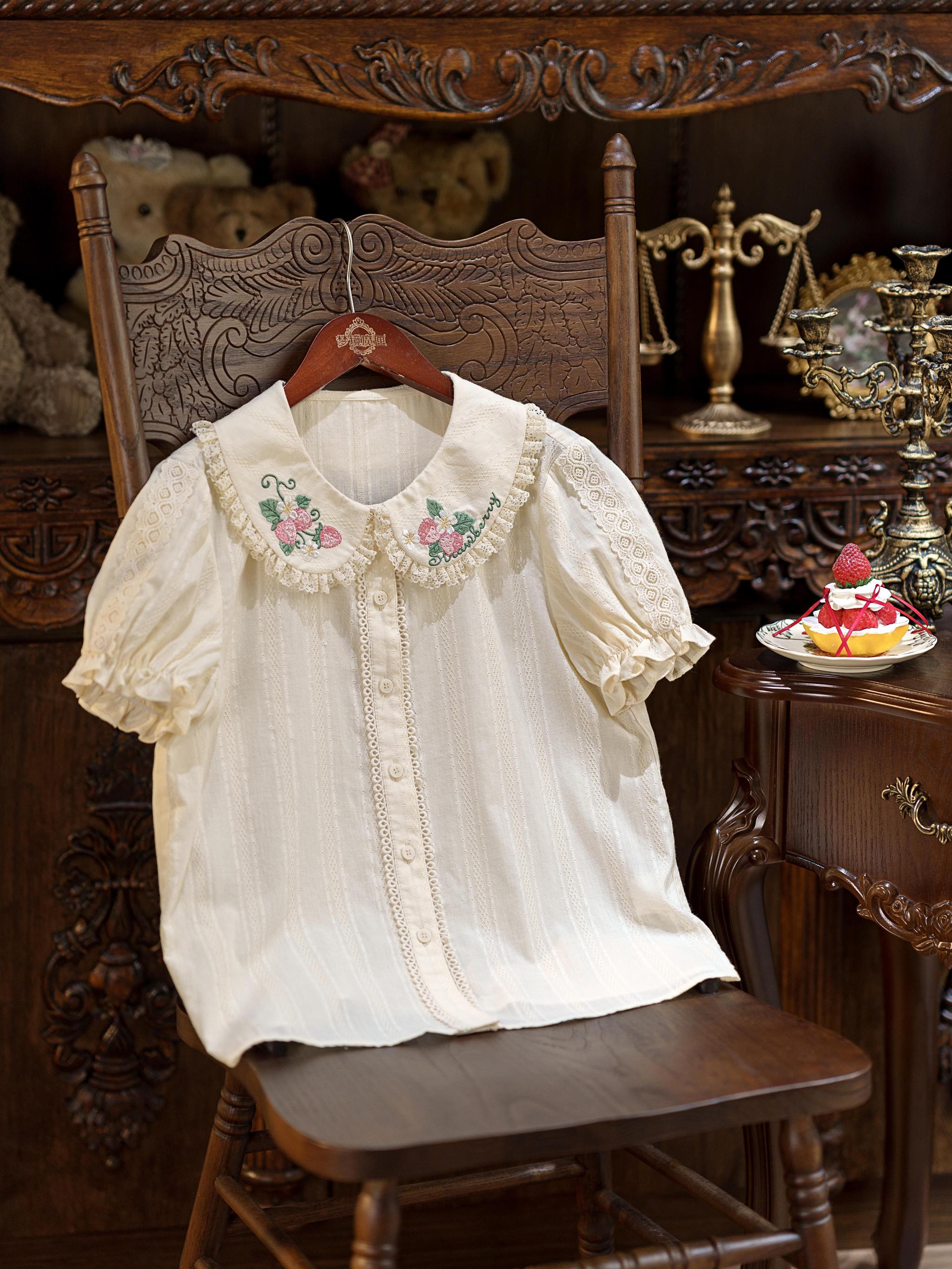 Abundant Tea Time - Kawaii Lolita Blouse, Cotton & Embroidery Pink Strawberry S