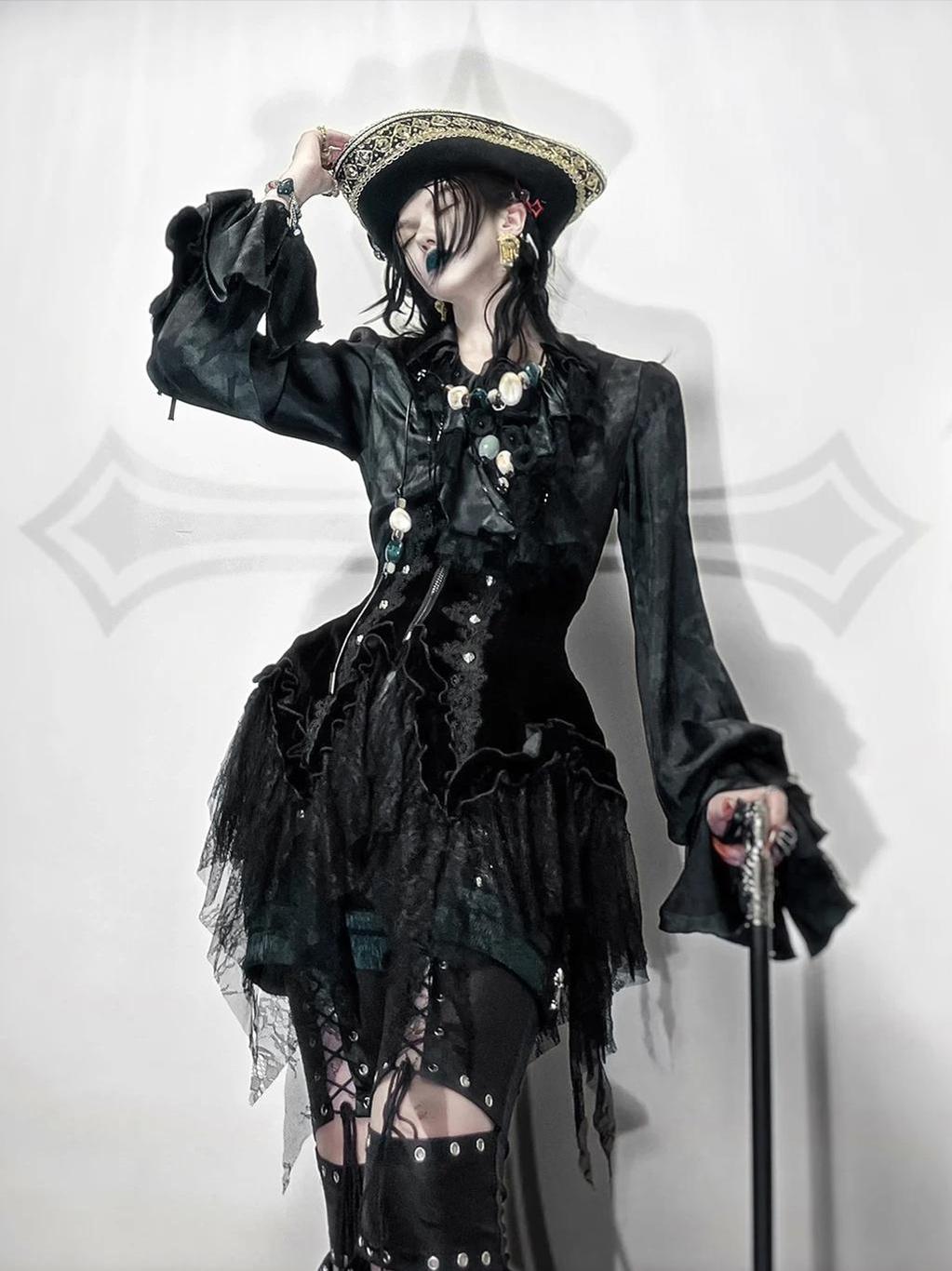 Bone Garden - Black Gothic Lolita Corset, Irregular Lace Hem 46040:873120