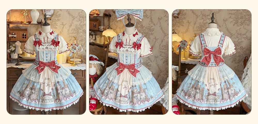 Pancake Postman - Kawaii Lolita Printed OP & Salopette Dress, Lace & Bows 45174:838687
