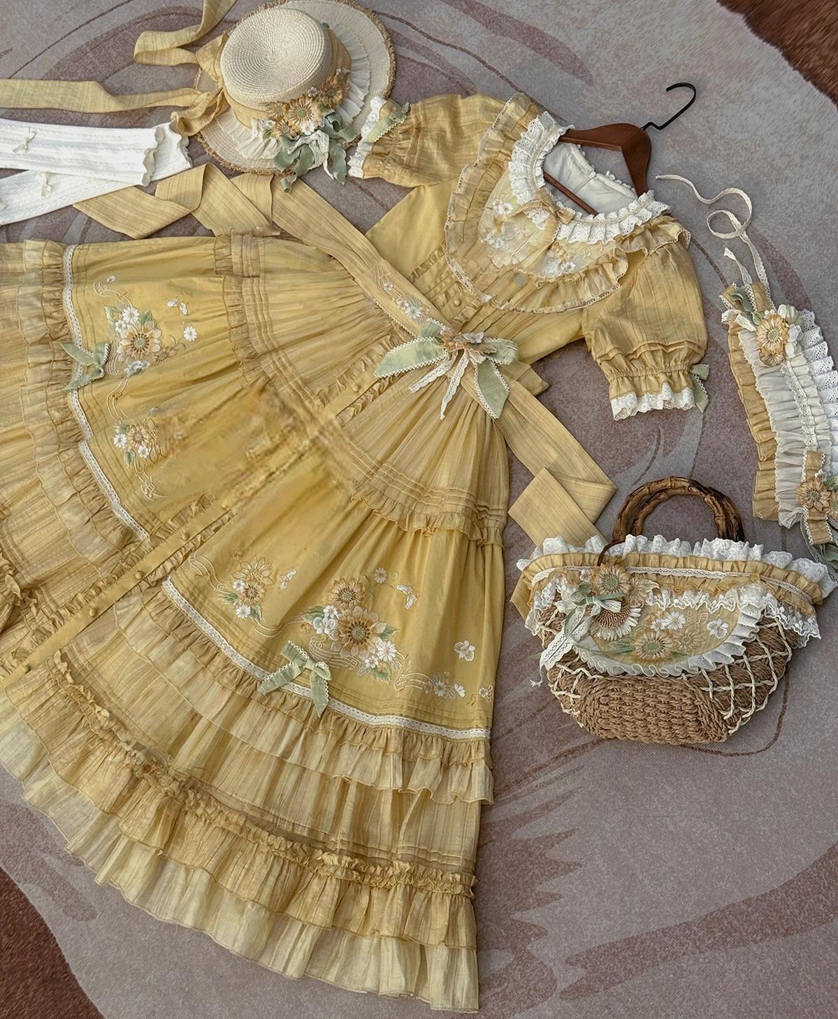 Moonlight Amber - Sunflower - Embroidered Country Lolita Dress, Tiered Skirt Sunflower OP (includes wide waist tie) XS
