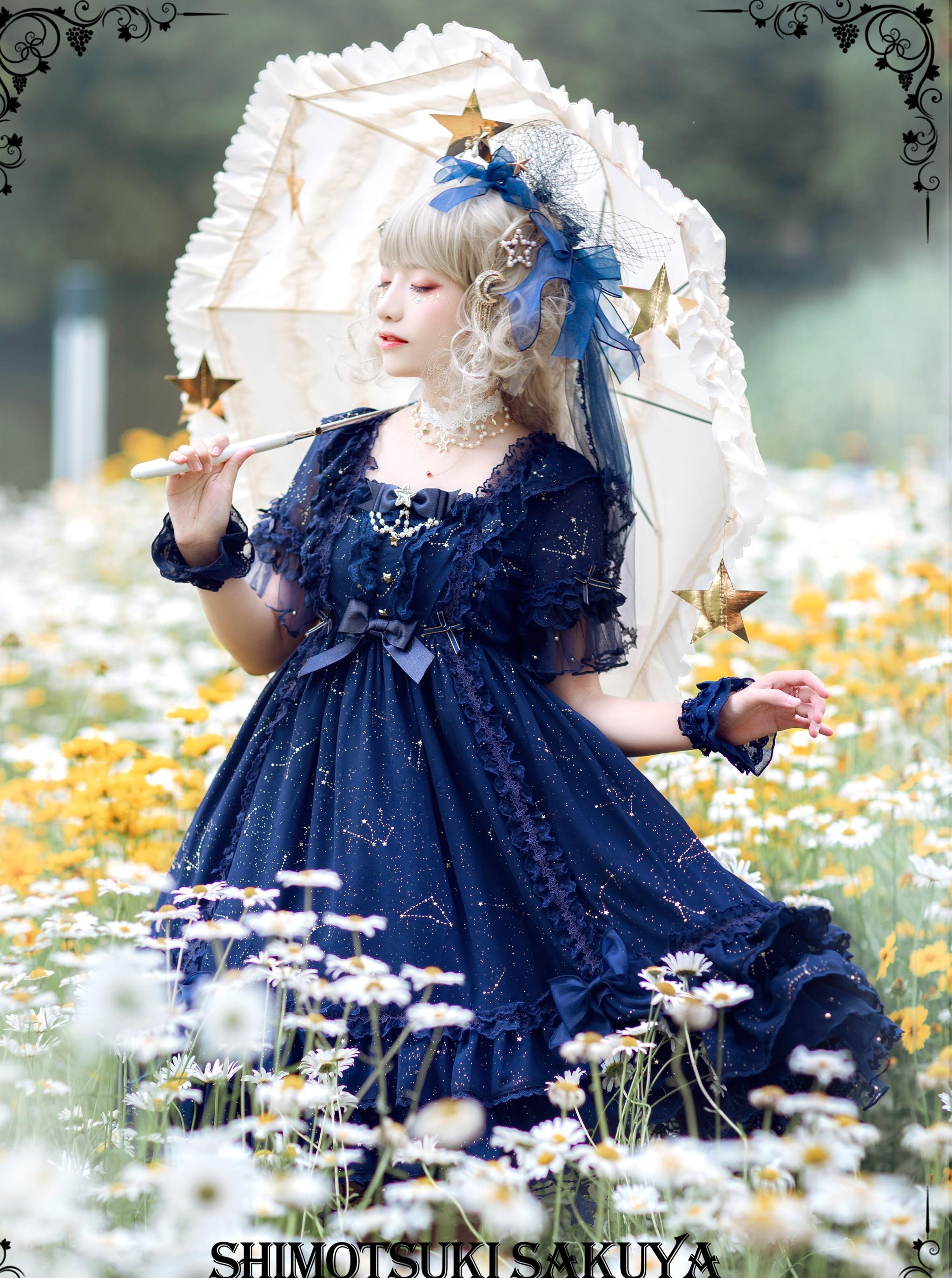 Whisper of Stars - Vintage Lolita Black OP Dress, Constellation-Themed 4556:632508