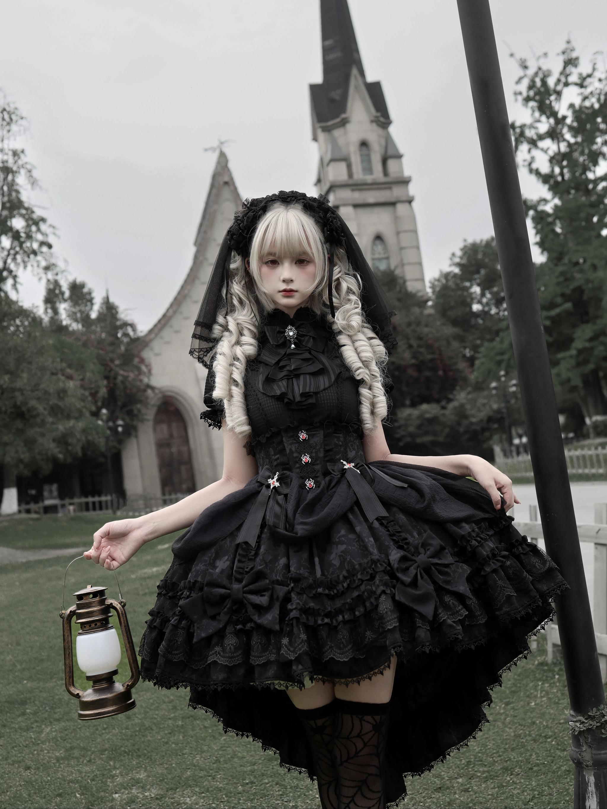 Spider Cross Knot - Gothic Lolita Skirt Set, High-low Hem and Fishbone Waist (L M S) 45733:860146