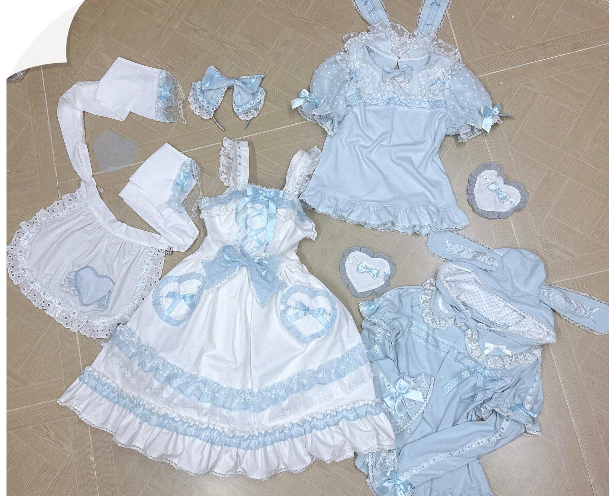 Little Dessert Chef - Old School Lolita JSK Dress, Cream-Like Ruffle White and Blue JSK + Waist Bow S