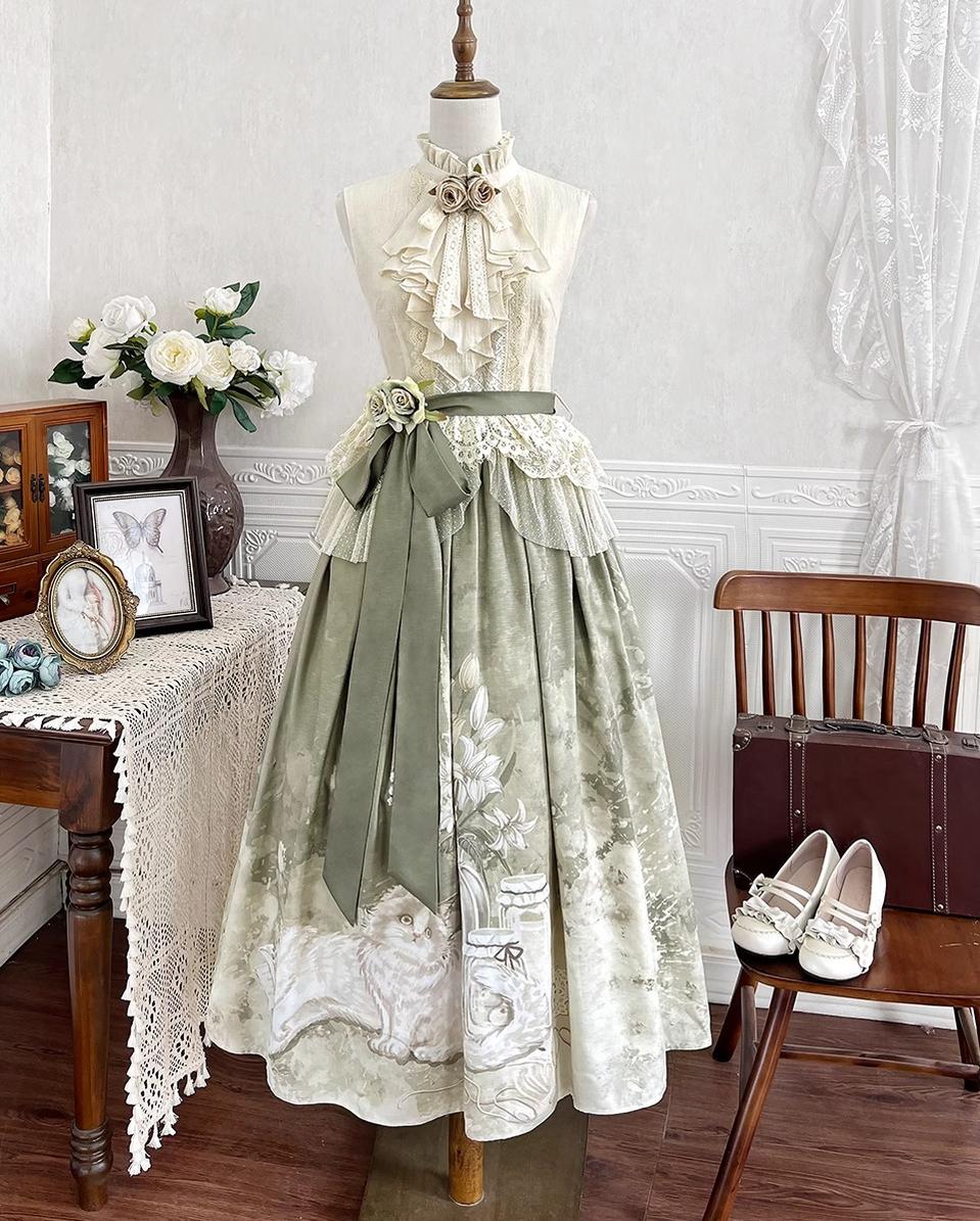 Designer's Gift - Morning Moments - Summer Lolita-inspired Chinese-style Skirt Set Slevess Shirt + Skirt S