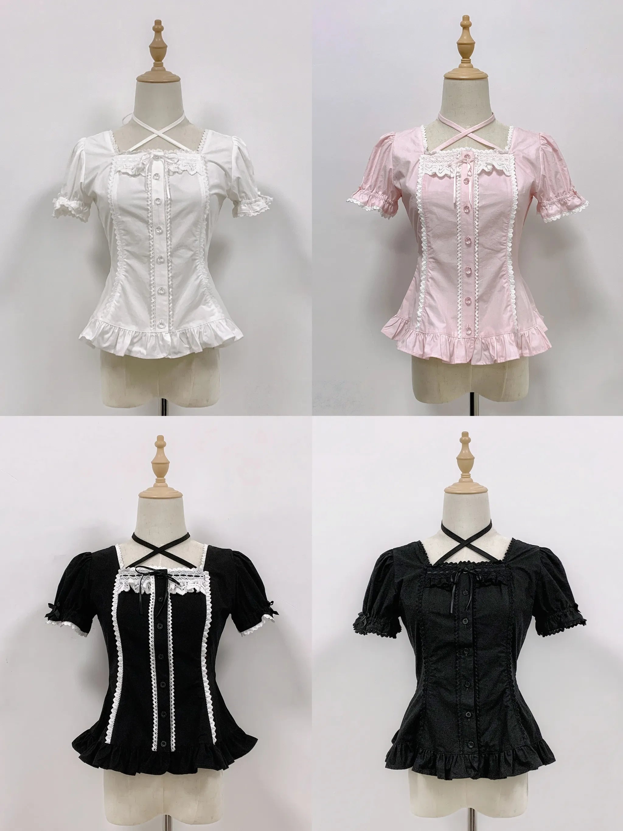 Haruhime Momoko - Cotton Old School Lolita Blouse, Cross Halter Neck