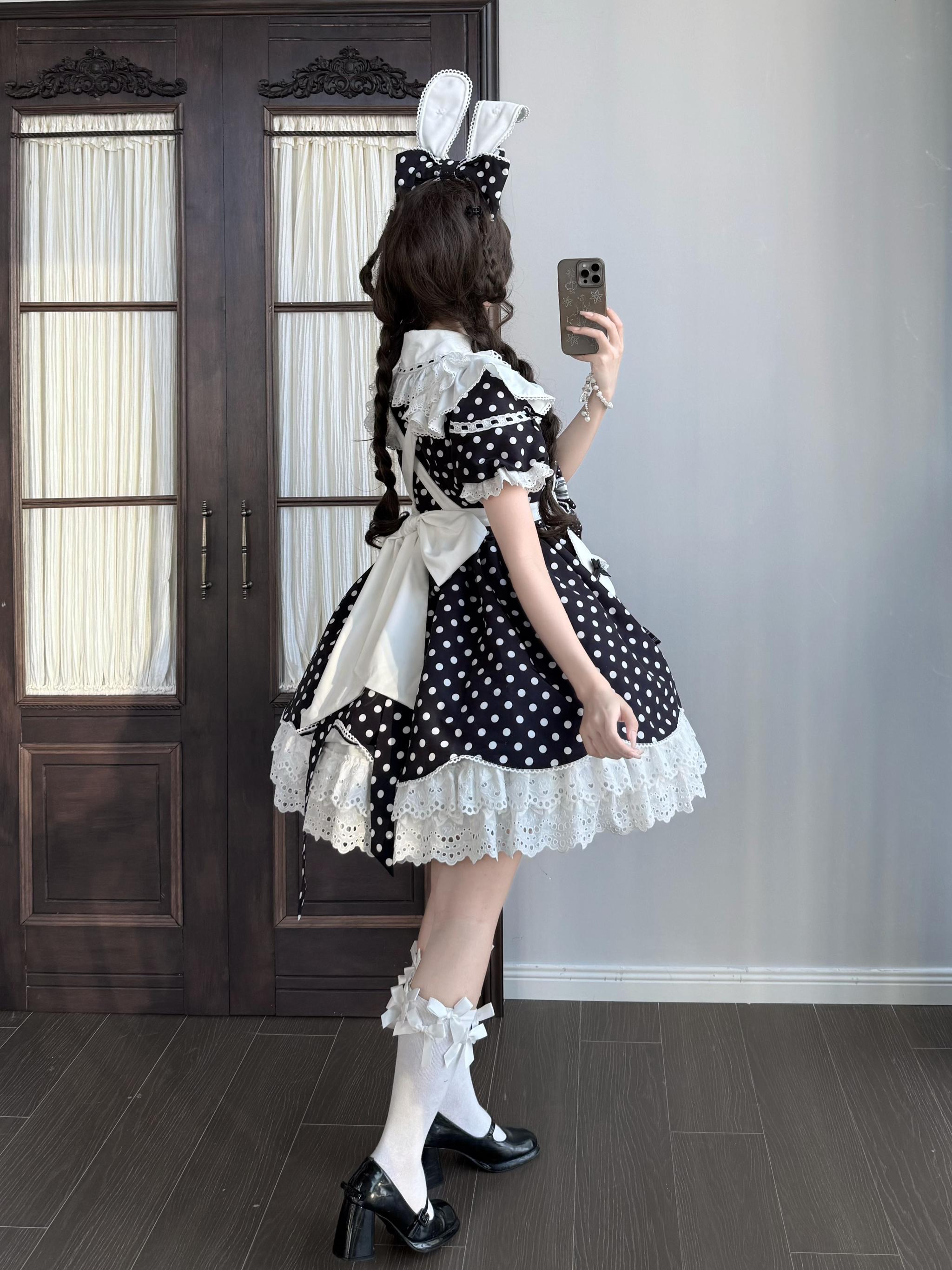 Bunny Kissaten - Four Colors Old School Lolita Polka Dot OP, Bunny Ear Apron 45824:864373