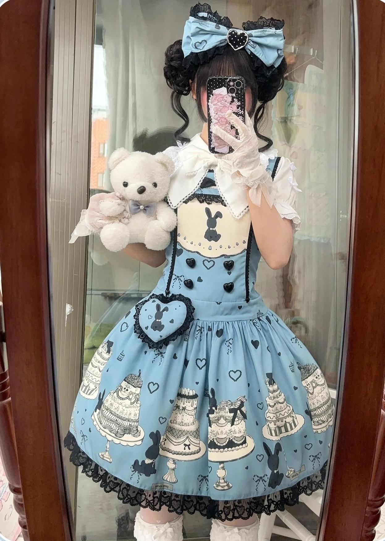Sweet Dream Sheep - Cake Bunny - Blue Sweet Lolita Dress, Bunny&Cake Print