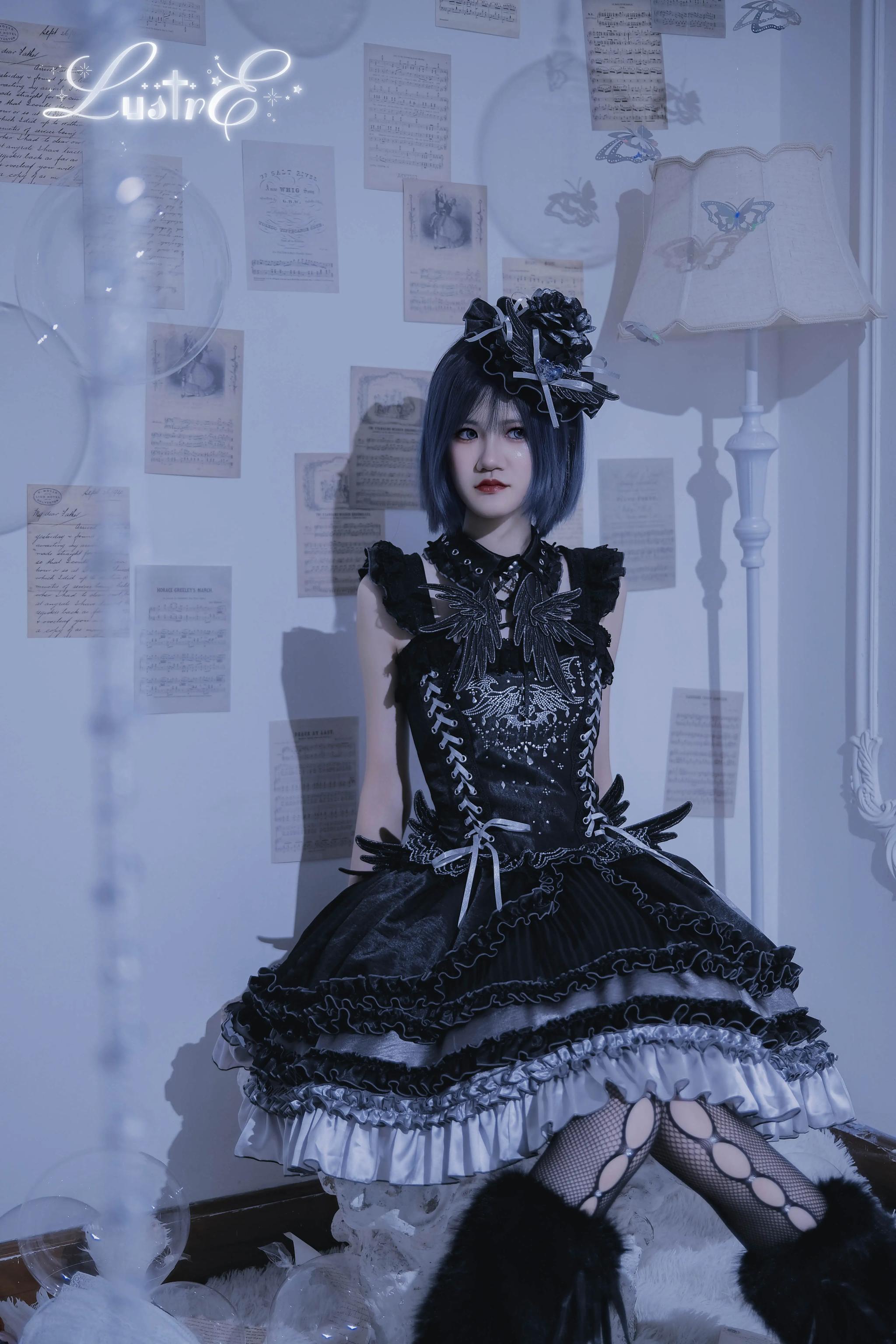LustrE - Metallic Angel Black - Gothic Lolita Rhinestone Top & Ruffled Skirt Set 43991:791118