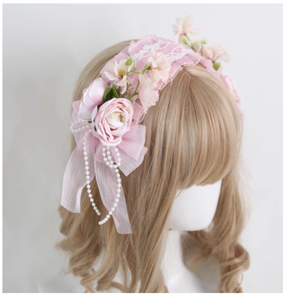 Xiaogui - Elegant Lolita Floral Lace Handmade Headband light pink with a retaining clip