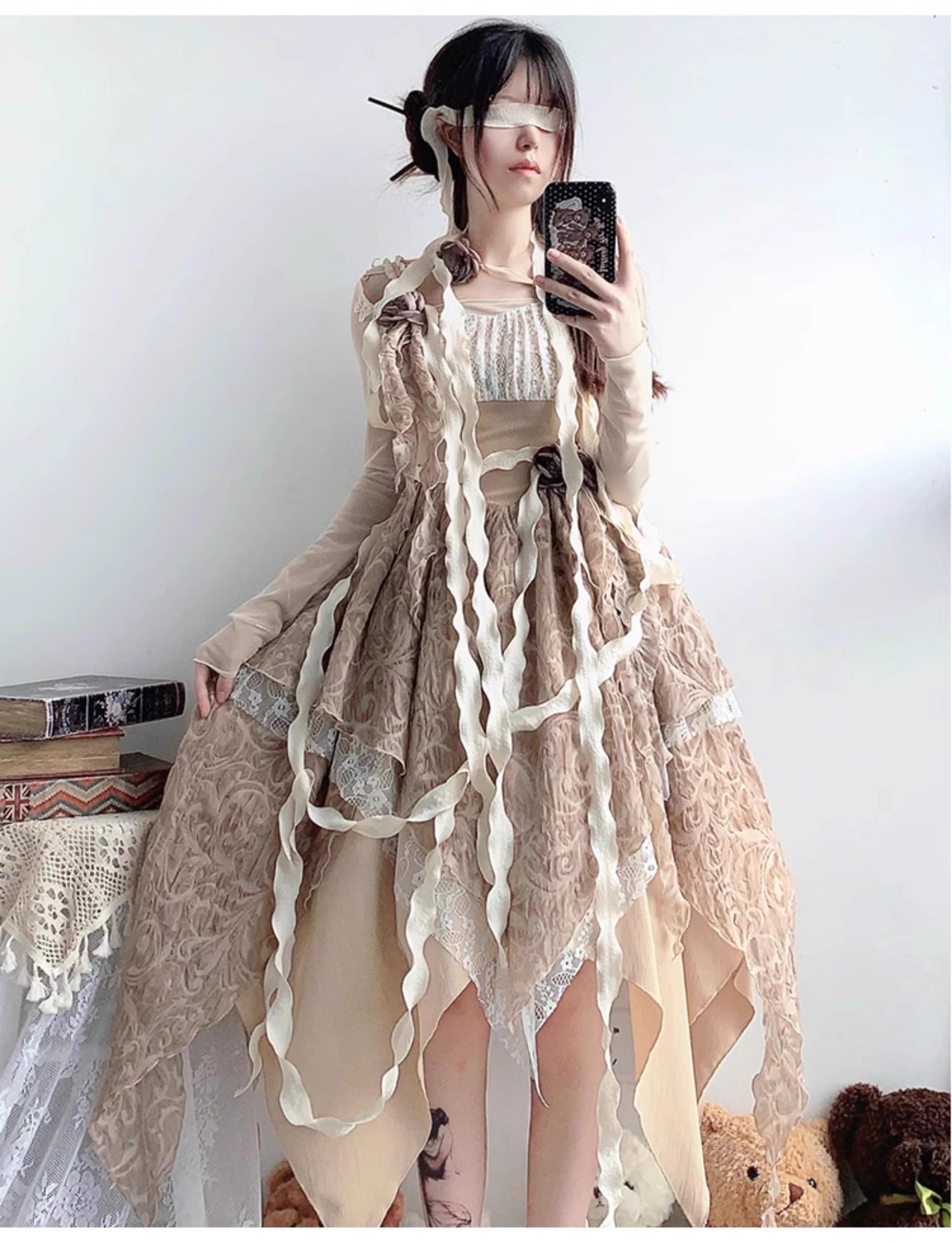 With PUJI - Rose Leaf - Irregular Daily Lolita JSK Dress in Wabi-Sabi Style