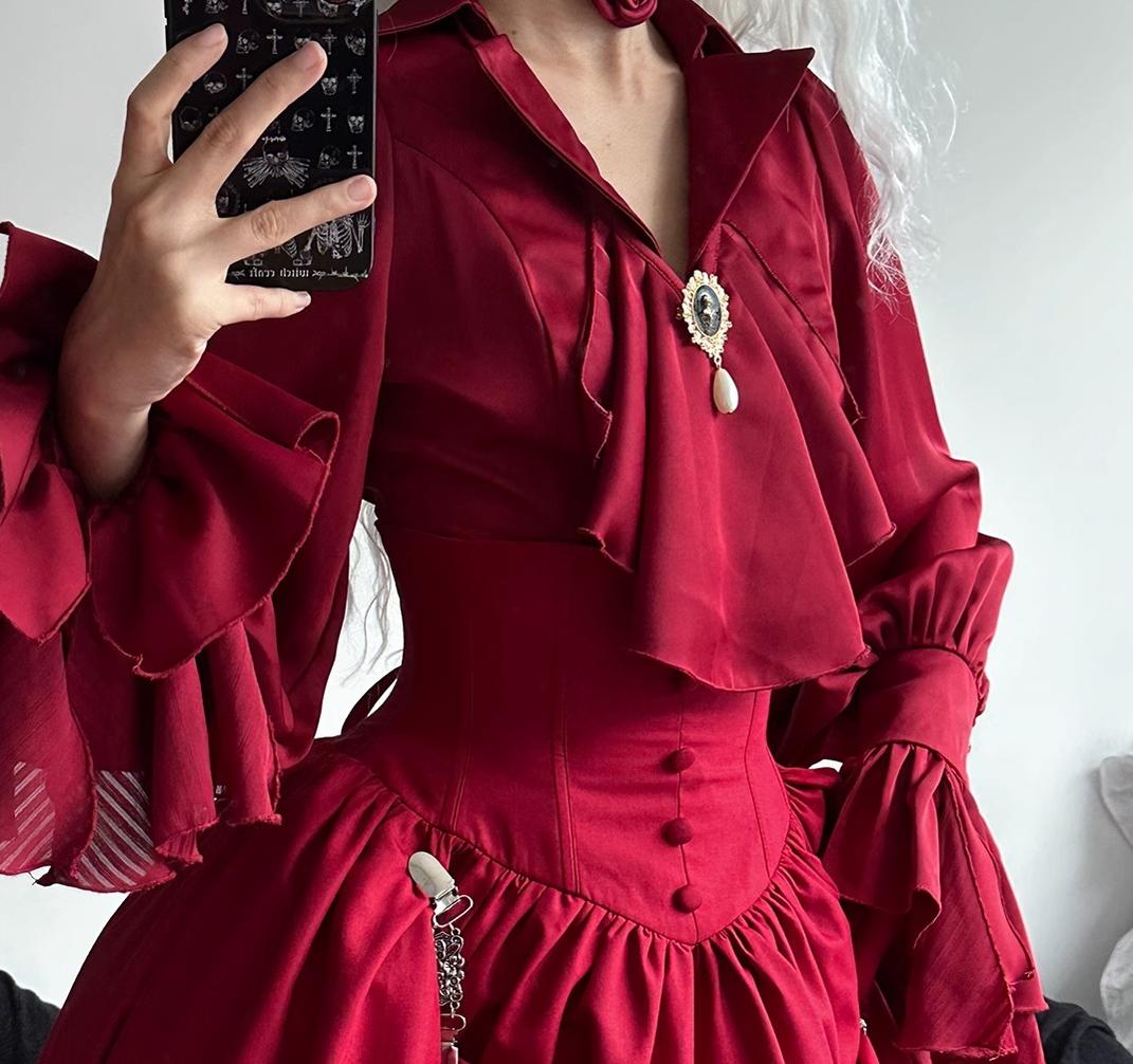 Muppet Mind Ben - Dream - Ouji Lolita Jabot Elegant Flounce Satin Lolita Accessory Red jabot with brooch only