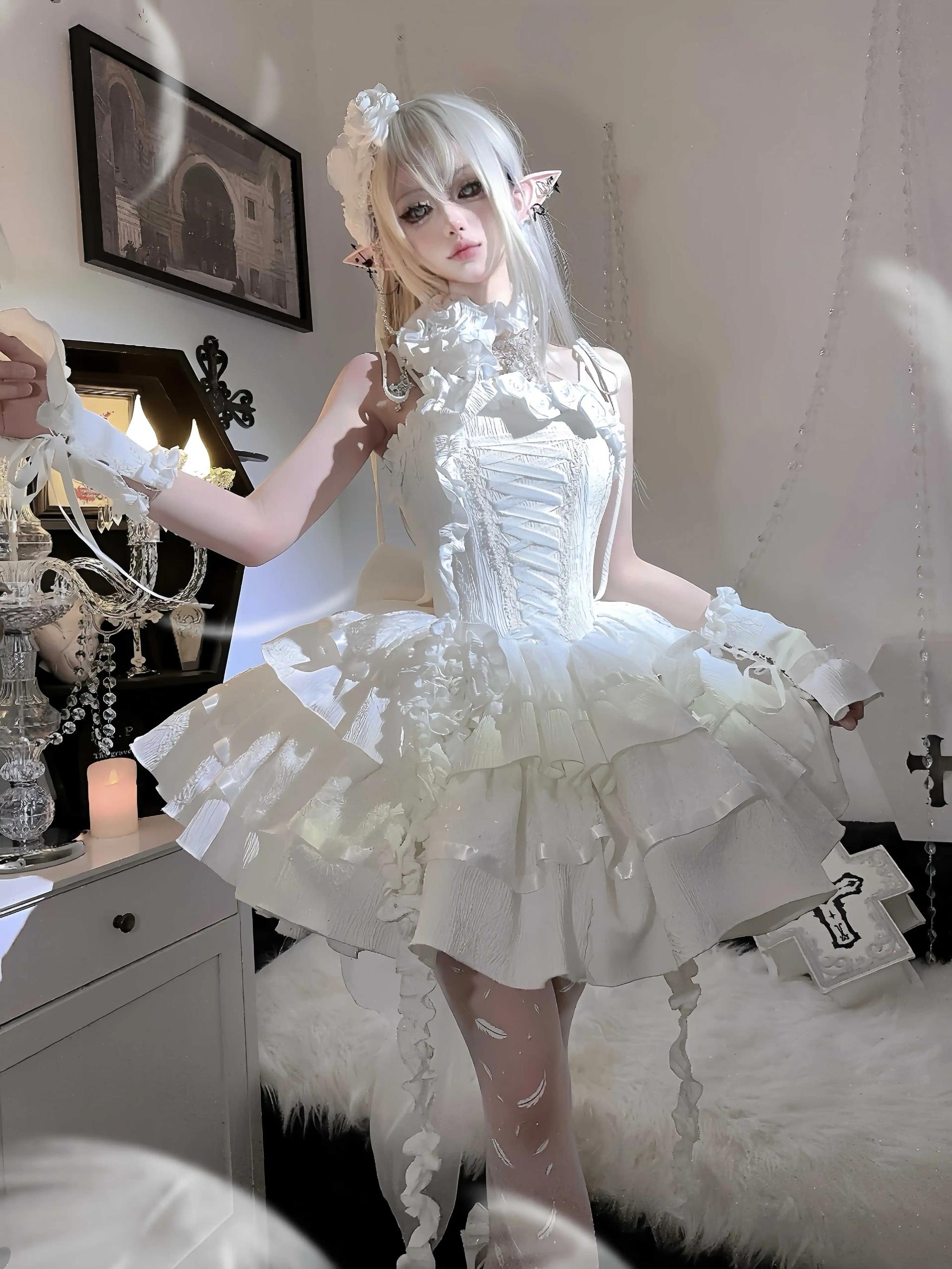 Silent Manor - White Gothic Lolita Fishbone JSK Dress 43499:777819