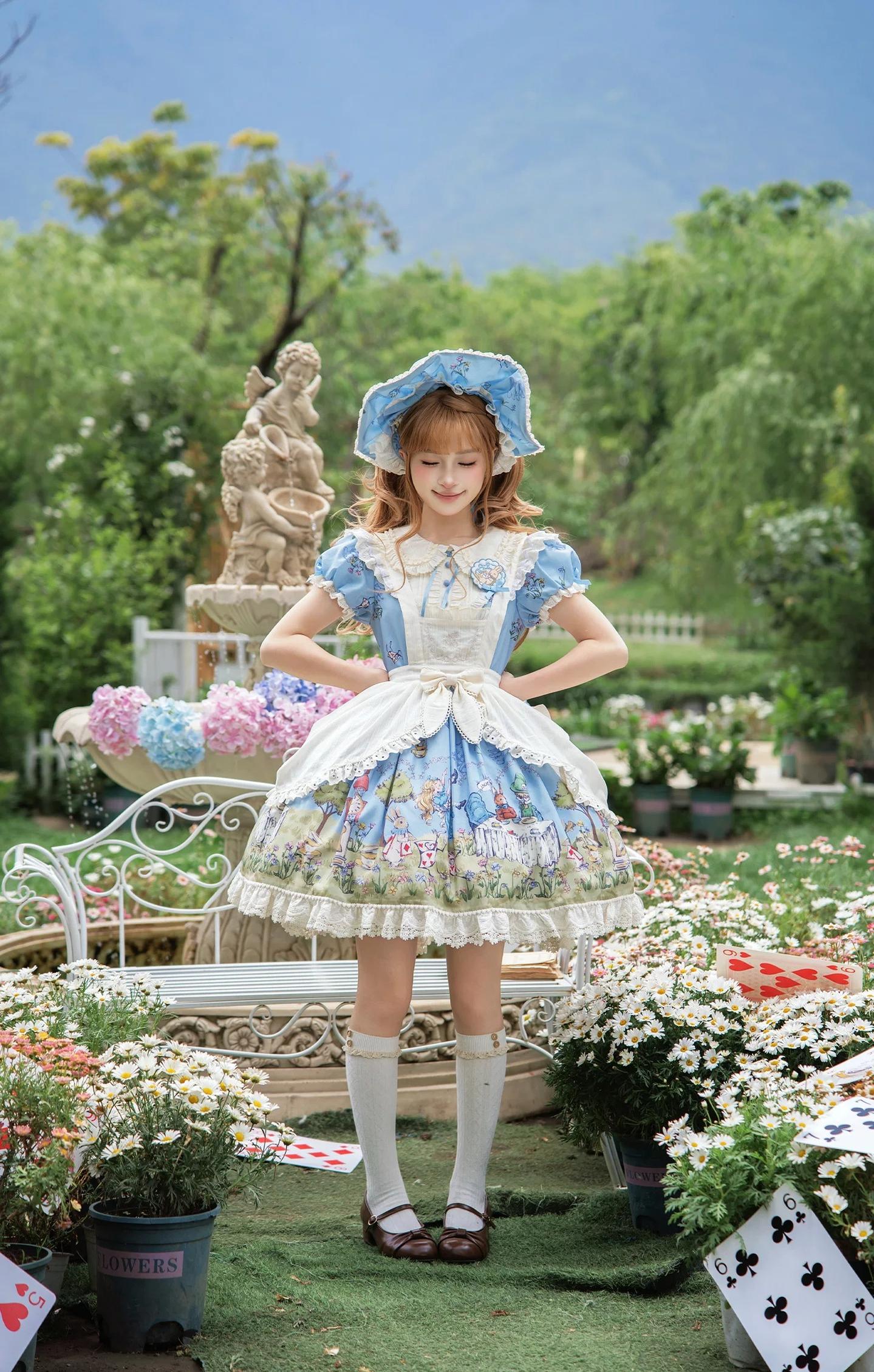 Alice - Sweet Lolita Cotton Lining Dress, Bunny & Clock Print