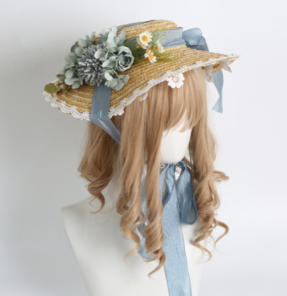 Xiaogui - Elegant Lolita Flower Bow Lace Sunhat haze blue Cap diameter 32cm