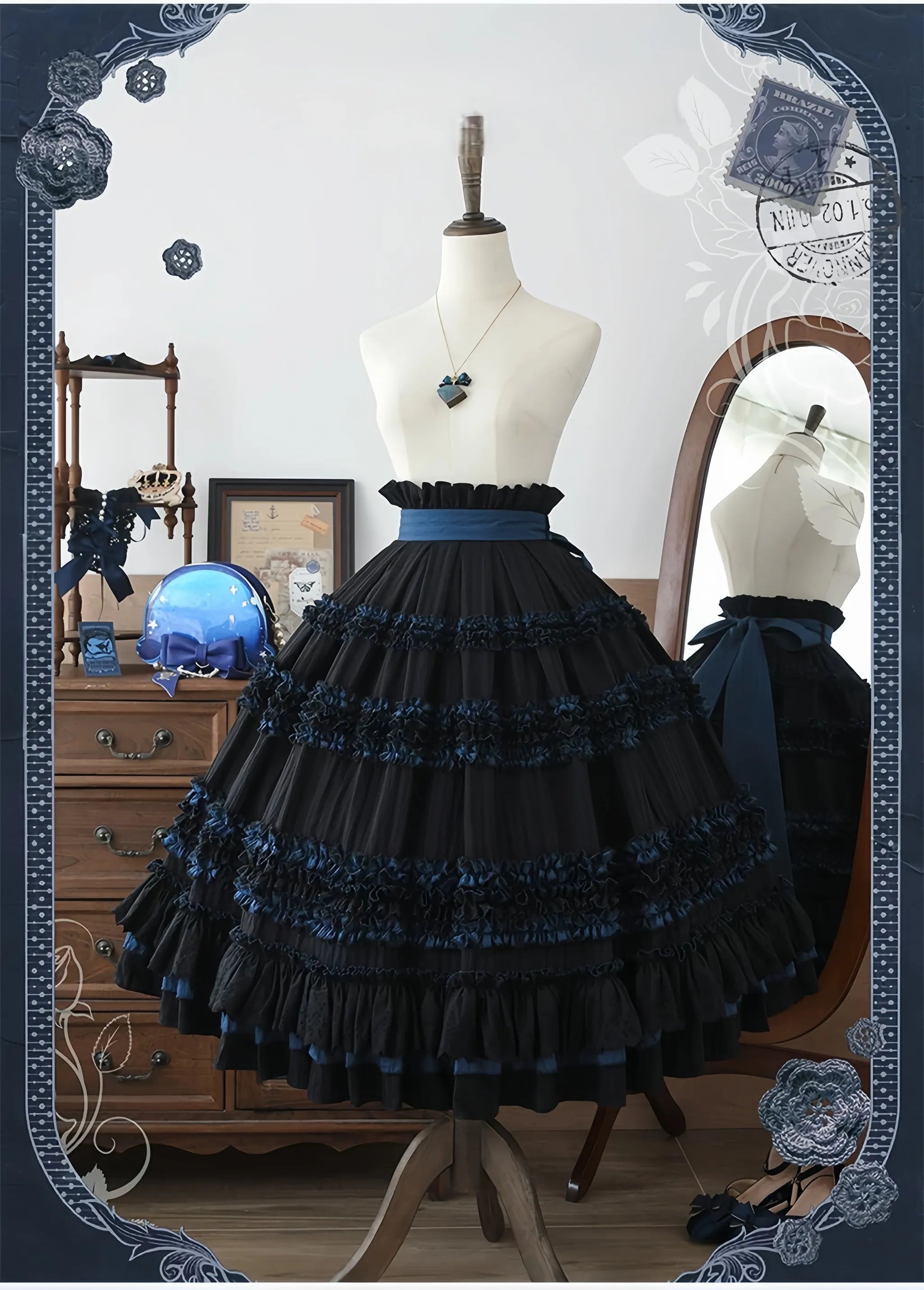Wings and Bouquet - Dark Classic Lolita Blouse and SK Set, Layered Blue Ruffles (L M S XL XS) 45680:858353