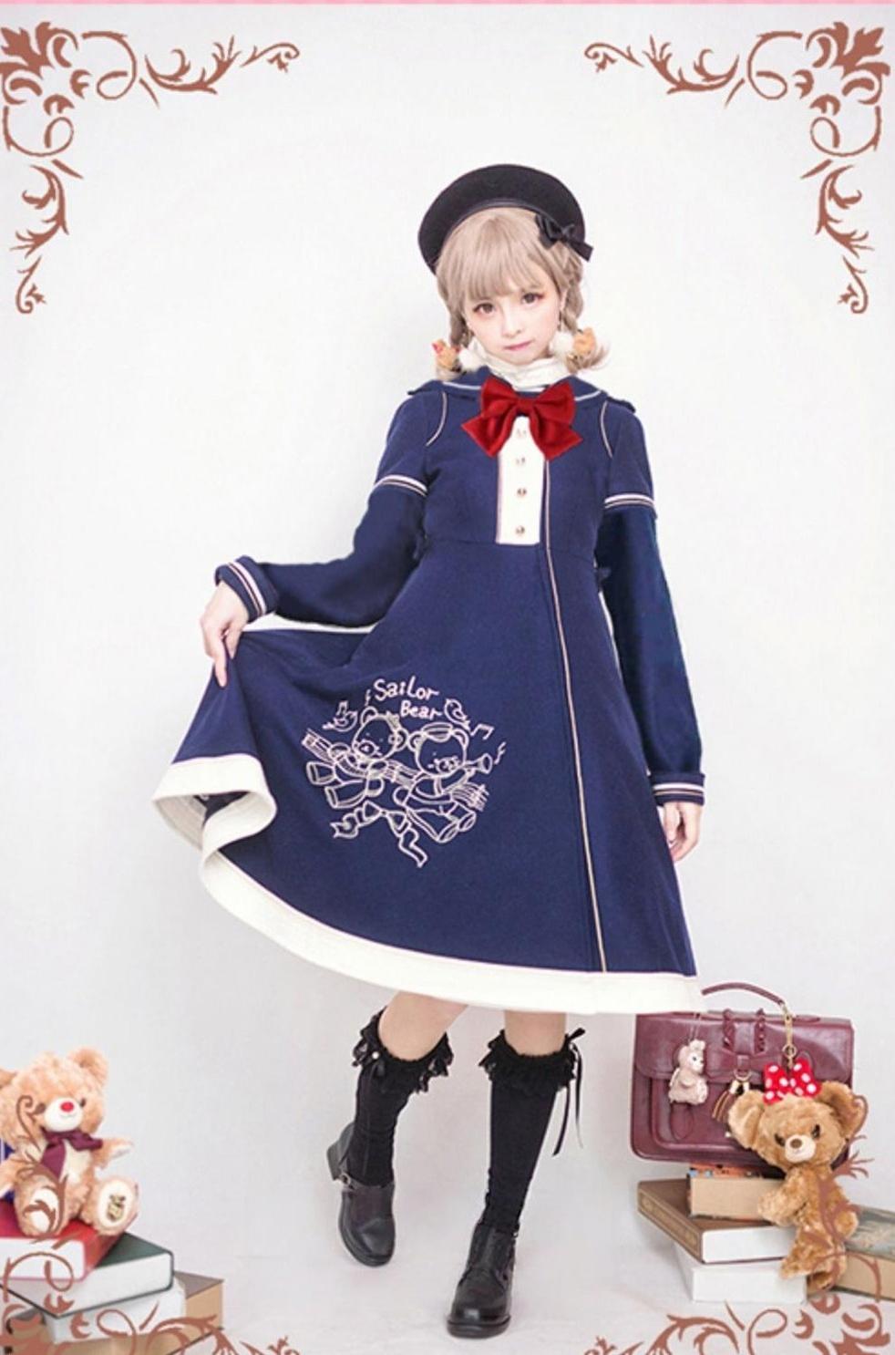 Strawberry Witch - Winter Kawaii Lolita Sailor Collar Overcoat, Bear Embroidery (2XL L M S XL) 44184:798176