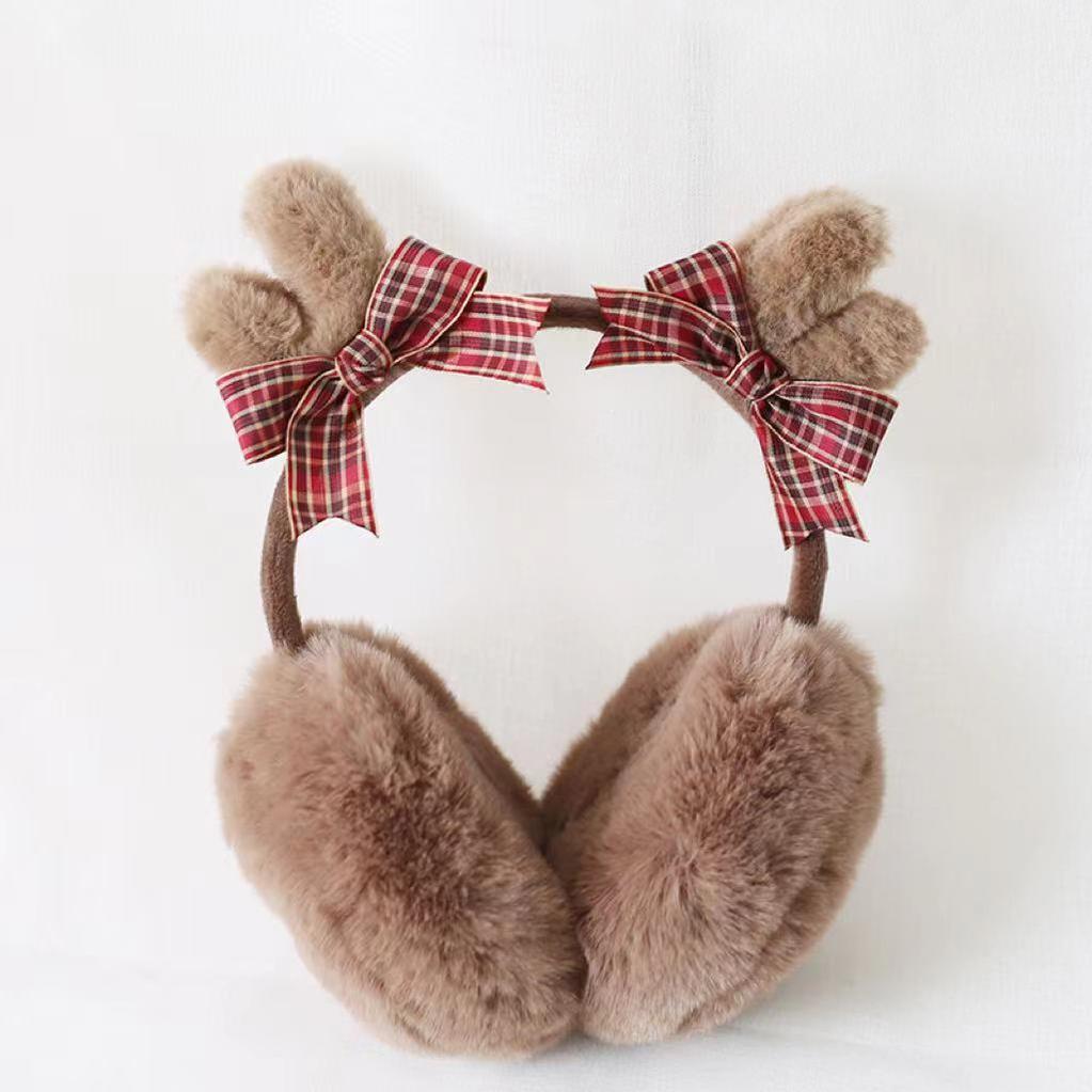 Xiaogui - Christmas Lolita Earmuffs Antlers Ear Protectors Winter Earflap Dark Red Checkerboard (Khaki Deer Horn Ear Earflaps)