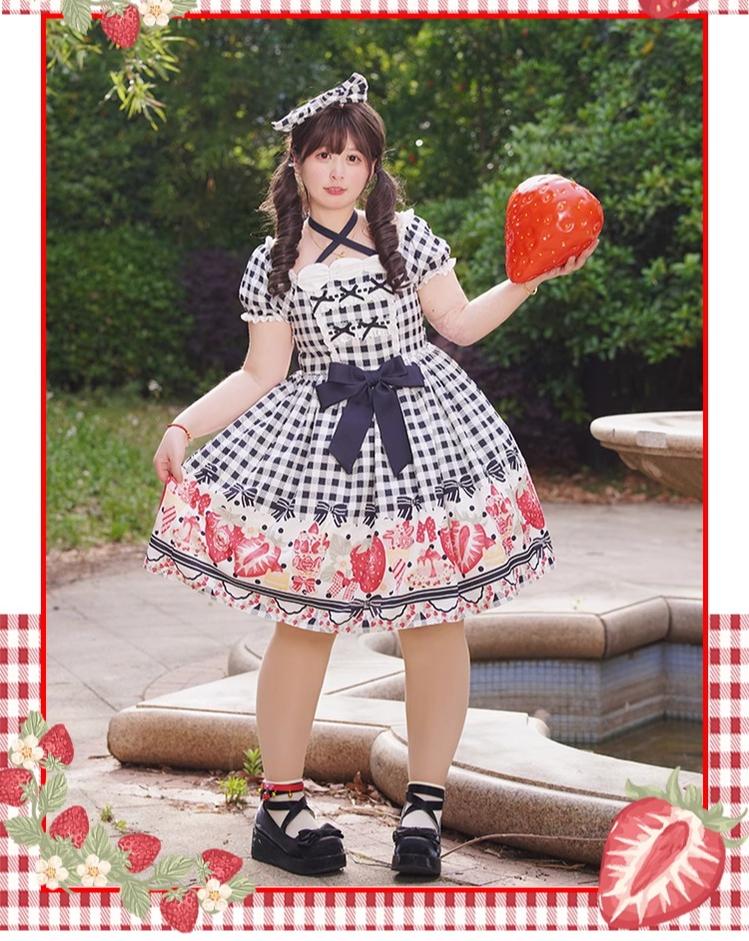 Chubby Cat Diary - Gingham Strawberry - Plus Size Country Lolita OP Dress