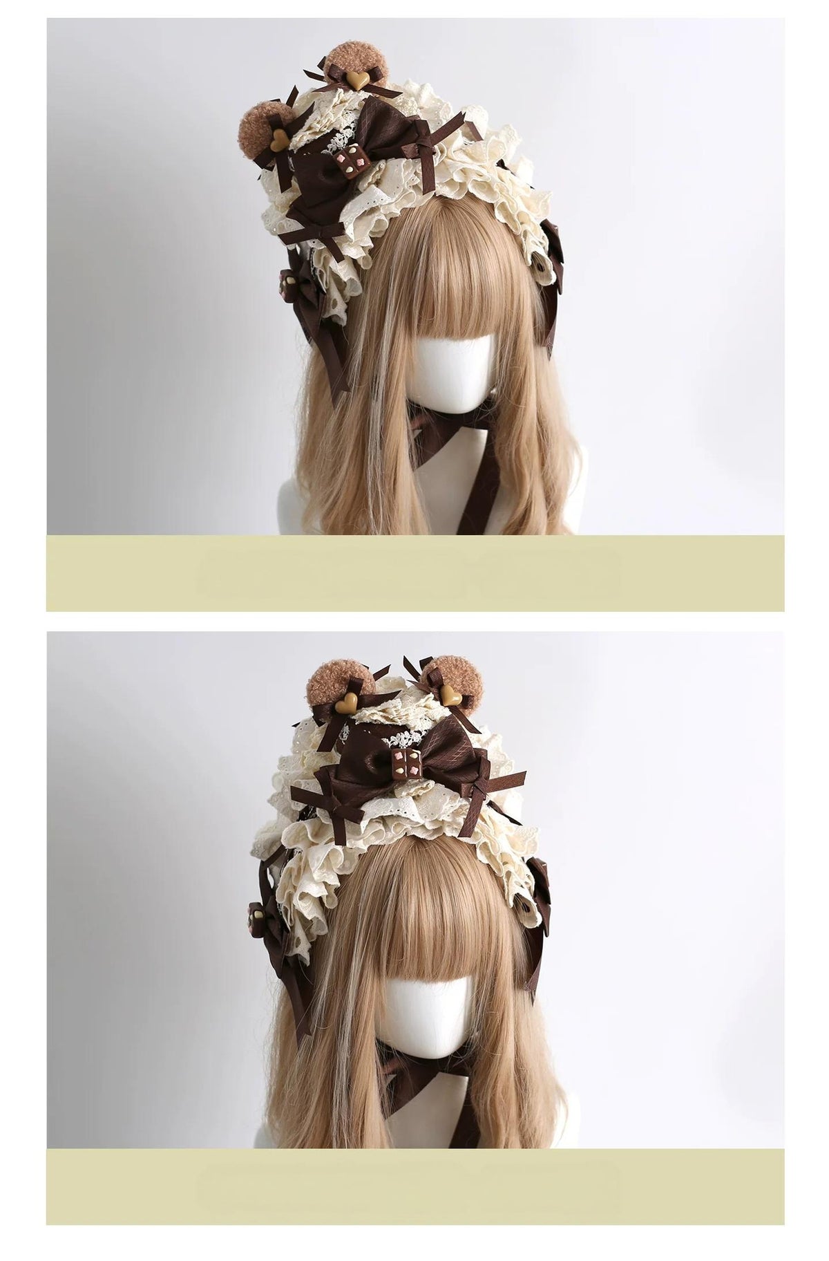 Coffee Brown Kawaii Lolita Hairband Accessory Set, Lace & Bear Ears 46088:874543