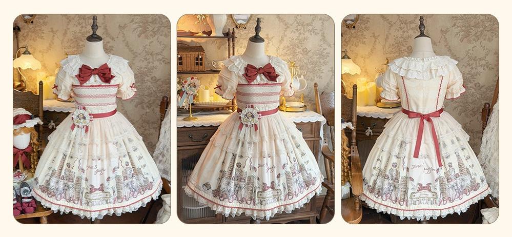 Pancake Postman - Kawaii Lolita Printed OP & Salopette Dress, Lace & Bows 45174:838684