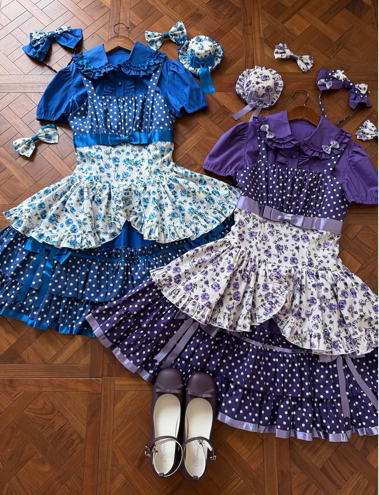 Libobo - Cotton Old School Lolita JSK Dress, Polka Dot & Floral Print 45878:866142