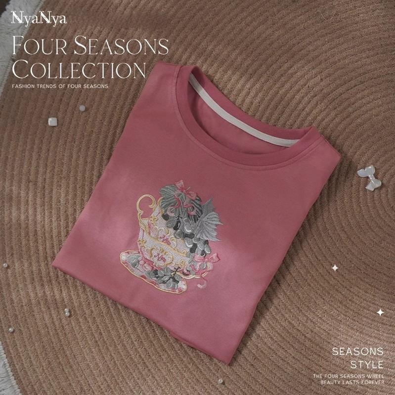 (BFM)NyaNya~Four Seasons Collection~Sweet Lolita T-shirt Summer Loose Fit Embroidered T-shirt S Pink - Afternoon Tea (L M S) 36754:527608