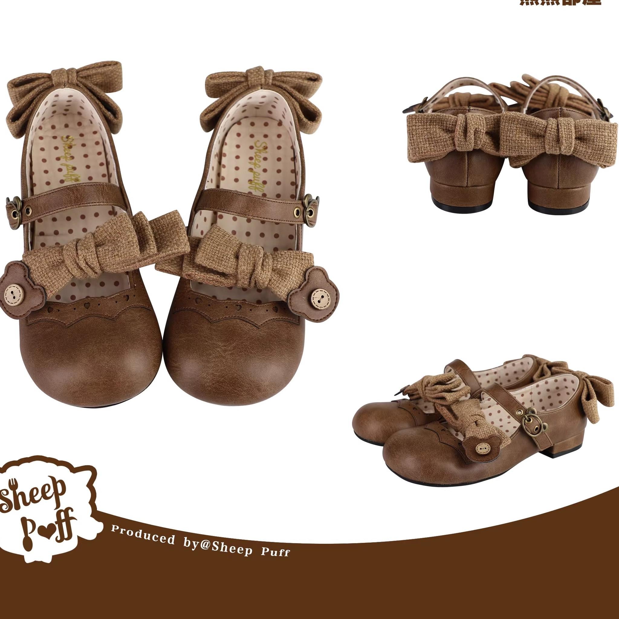 Sheep Puff - Bear Room - Sweet Lolita Shoes Double Bow Round Toe Flat Shoes light brown 34