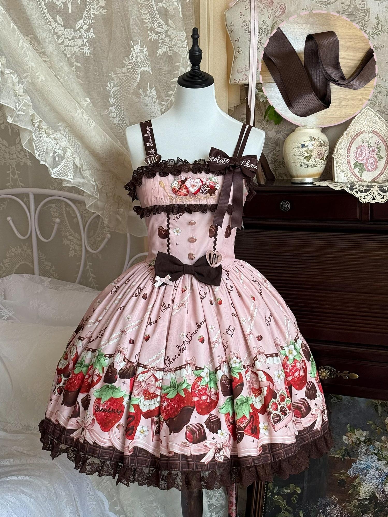 Strawberry Chocolate Lovers - Kawaii Lolita Embroidered Printed Dress Pink - Embroidered JSK Only S