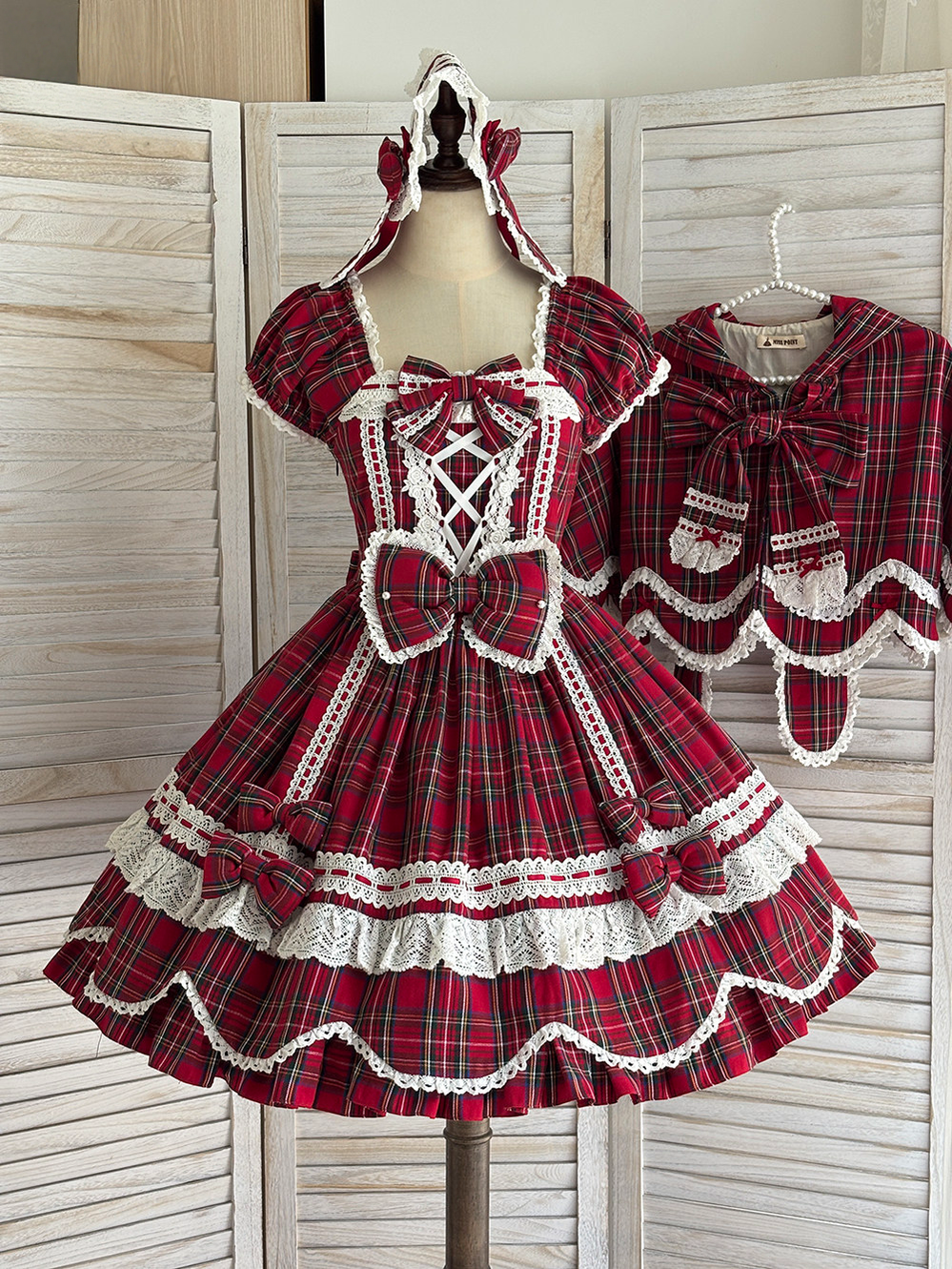 Plaid Petal Bunny - Old School Lolita Plaid OP Dress, Petal-shaped Hem (Red-plaid / 2XL L M S XL XS) 44673:818334