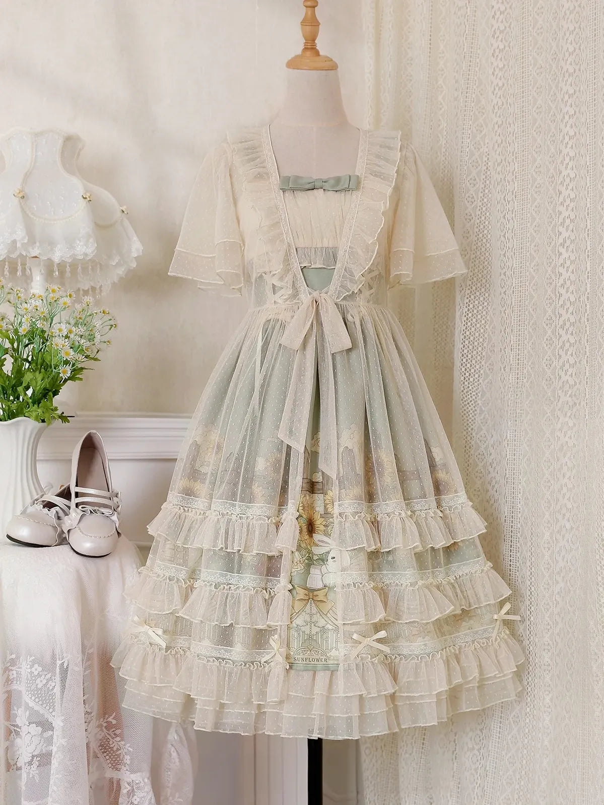 Flower and Letter - Classic Lolita JSK Dress, Sunflower and Bunny Print S JSK+ Overlay