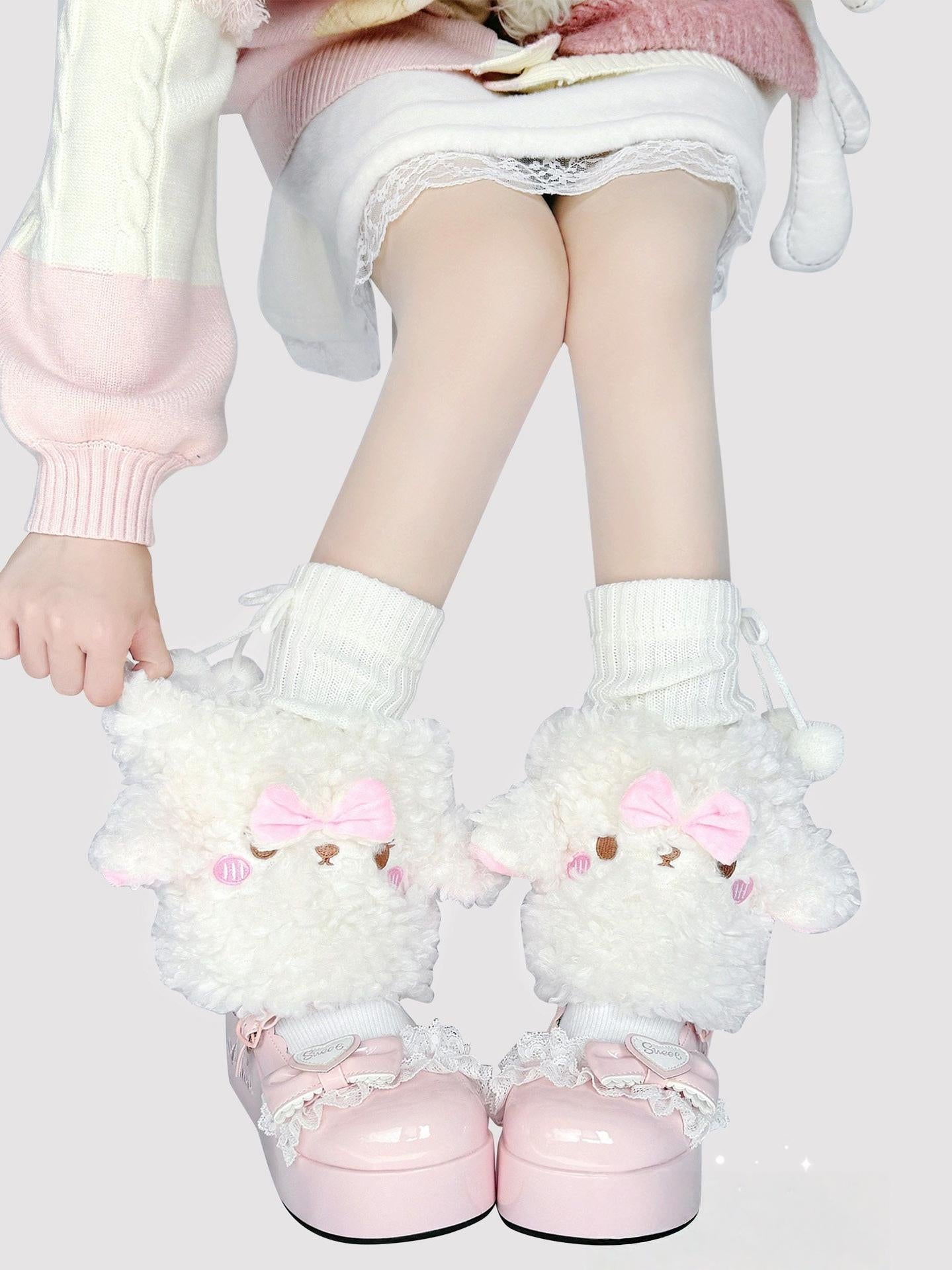 Winter Kawaii Lolita Leg Warmers, Lamb-shaped Off-white (lamb leg warmers + pom-pom sock toppers)