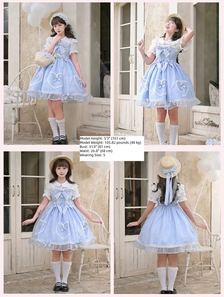 Daisy Cake - Blue Plaid Sweet Lolita JSK Dress, Daisy-trimmed Bows