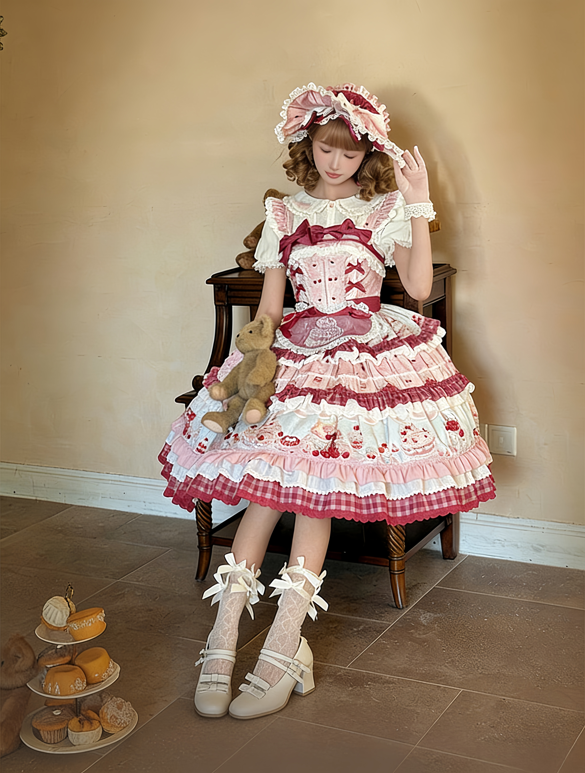 Cherry Cake - Printed Sweet Lolita JSK Dress, Embroidered Apron 44904:827196