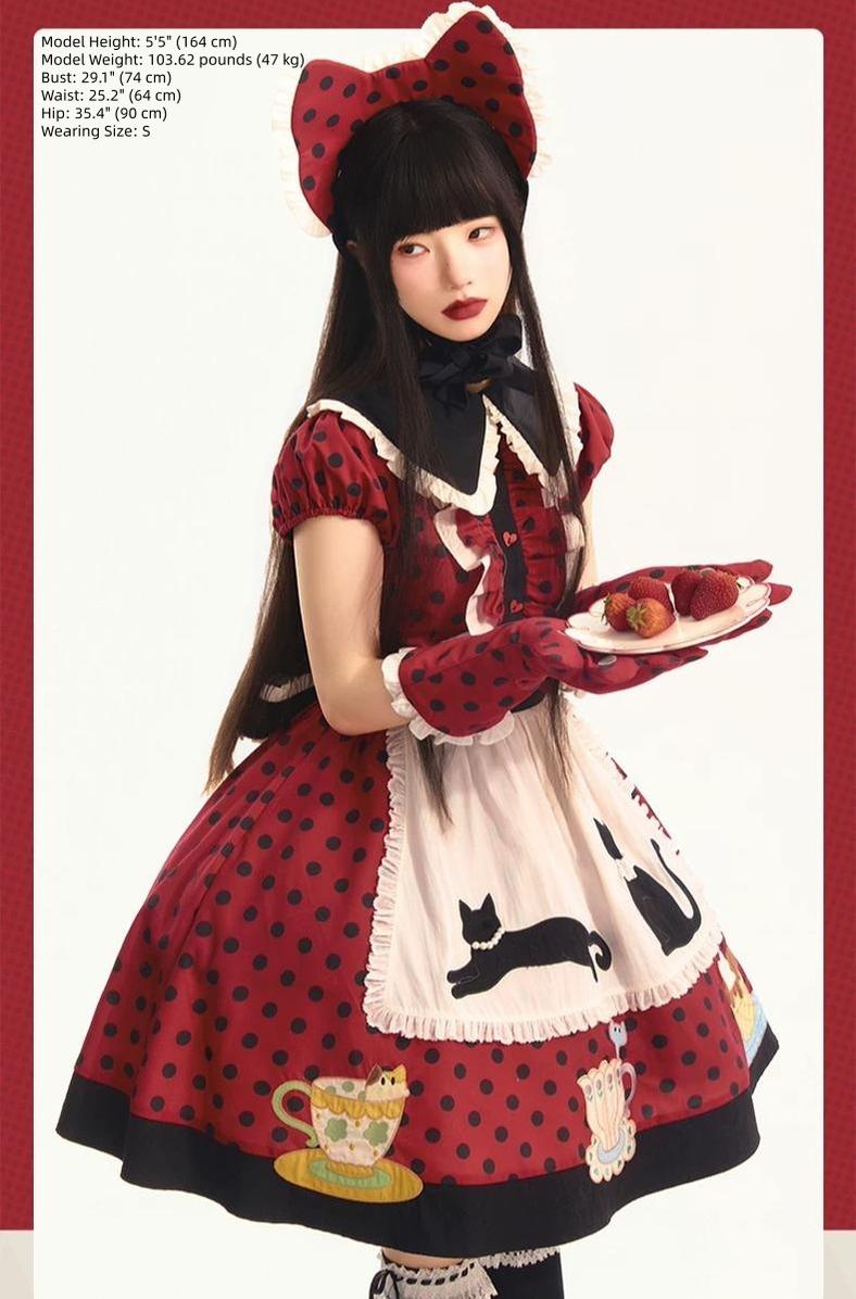 Teacup Meow - Old School Lolita Polka Dot OP Dress, Cat and Teacup Patch 45490:852682