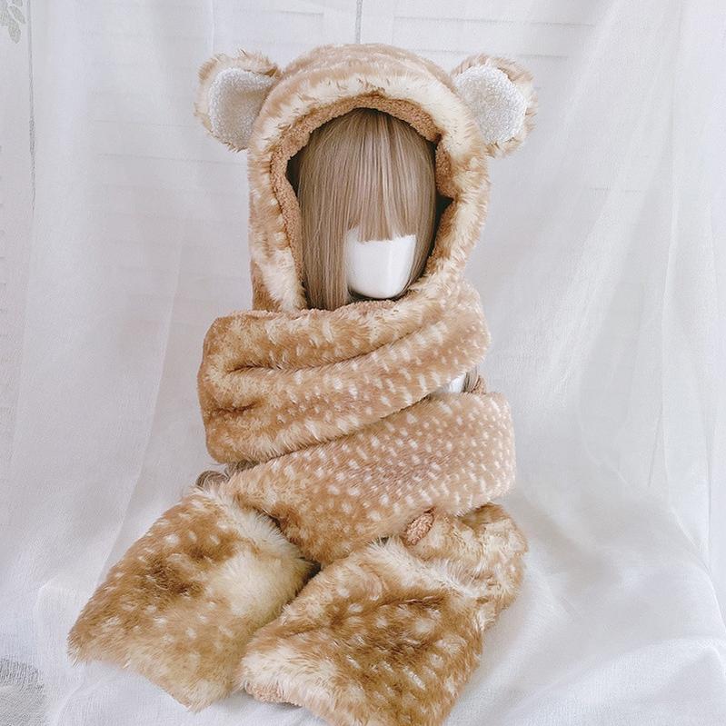 Xiaogui - Winter Kawaii Lolita Hat Antler Plush 3-in-1 Set Hat scarf and gloves set(3-in-1) Bear ear design